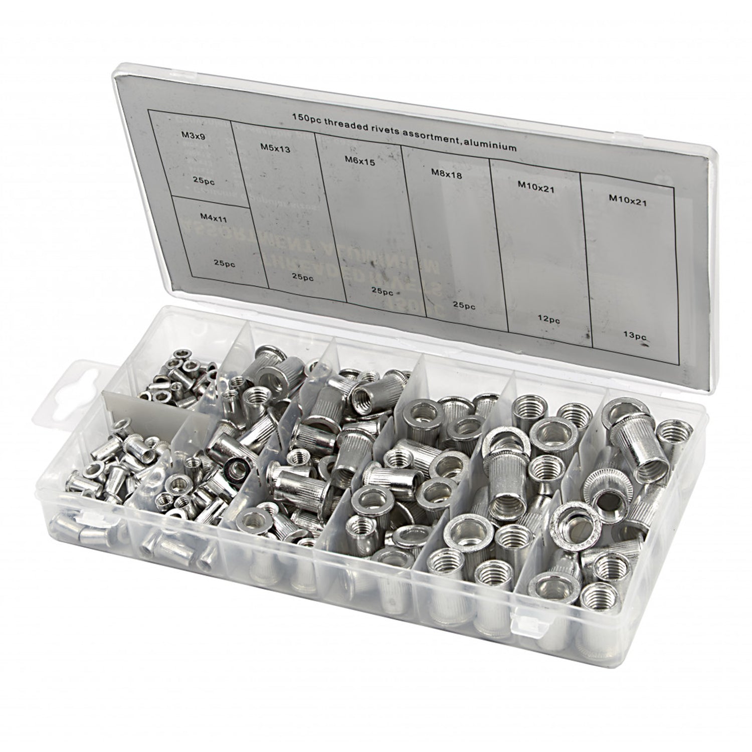 Rivetti filettati, rivetto dadi di assortimento, dado per inserti, dado rivetto in alluminio 150 pezzi