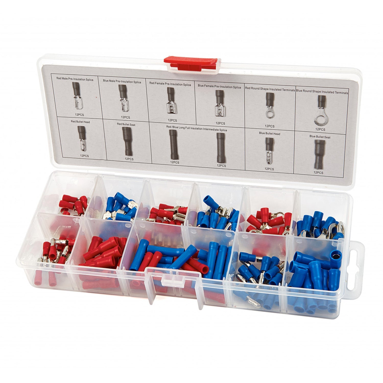(rosso, blu, 144 pezzi)-set connettori per cavi a crimpare, assortimento di capicorda, 12 misure, terminali crimpare isolati forcella, morsetti per cavi elettrici, attrezzi per connettori proiettile, Hbm Machines Olanda