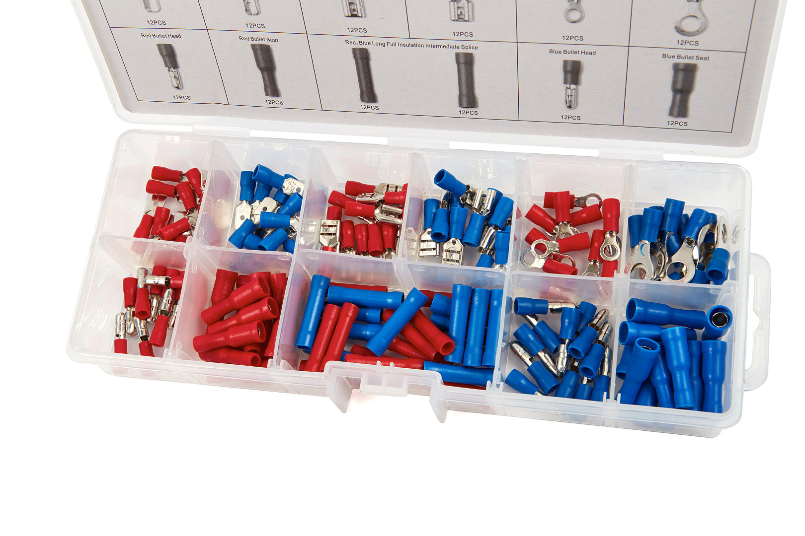 (rosso, blu, 144 pezzi)-set connettori per cavi a crimpare, assortimento di capicorda, 12 misure, terminali crimpare isolati forcella, morsetti per cavi elettrici, attrezzi per connettori proiettile, Hbm Machines Olanda