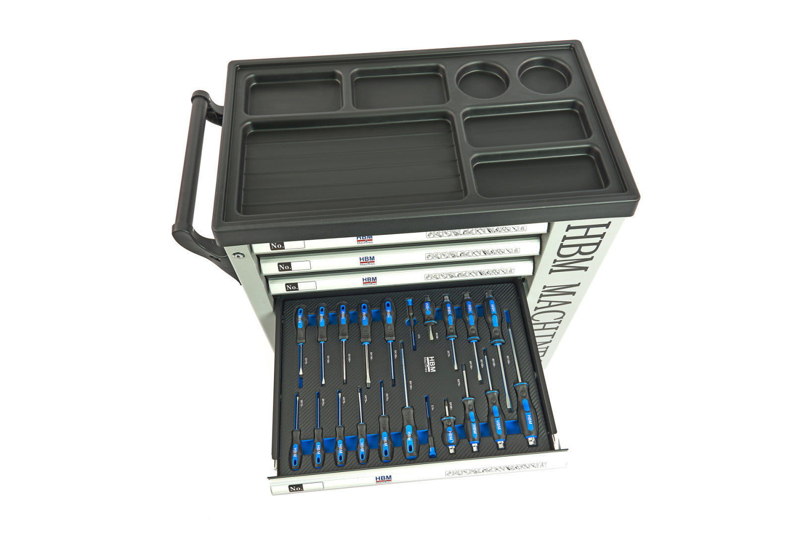 Carrello completo di attrezzi set 262 pezzi con 7 cassetti 7 scomparti e ruote da officina Carbon premium Olanda