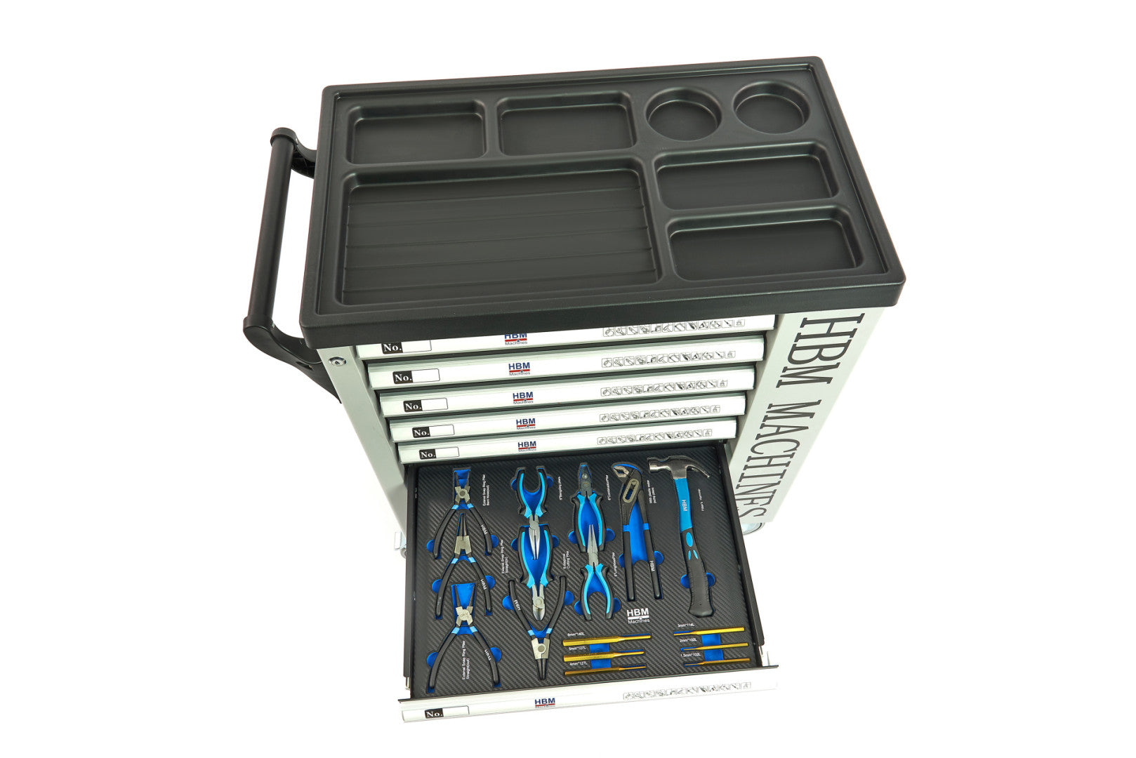 Carrello completo di attrezzi set 262 pezzi con 7 cassetti 7 scomparti e ruote da officina Carbon premium Olanda