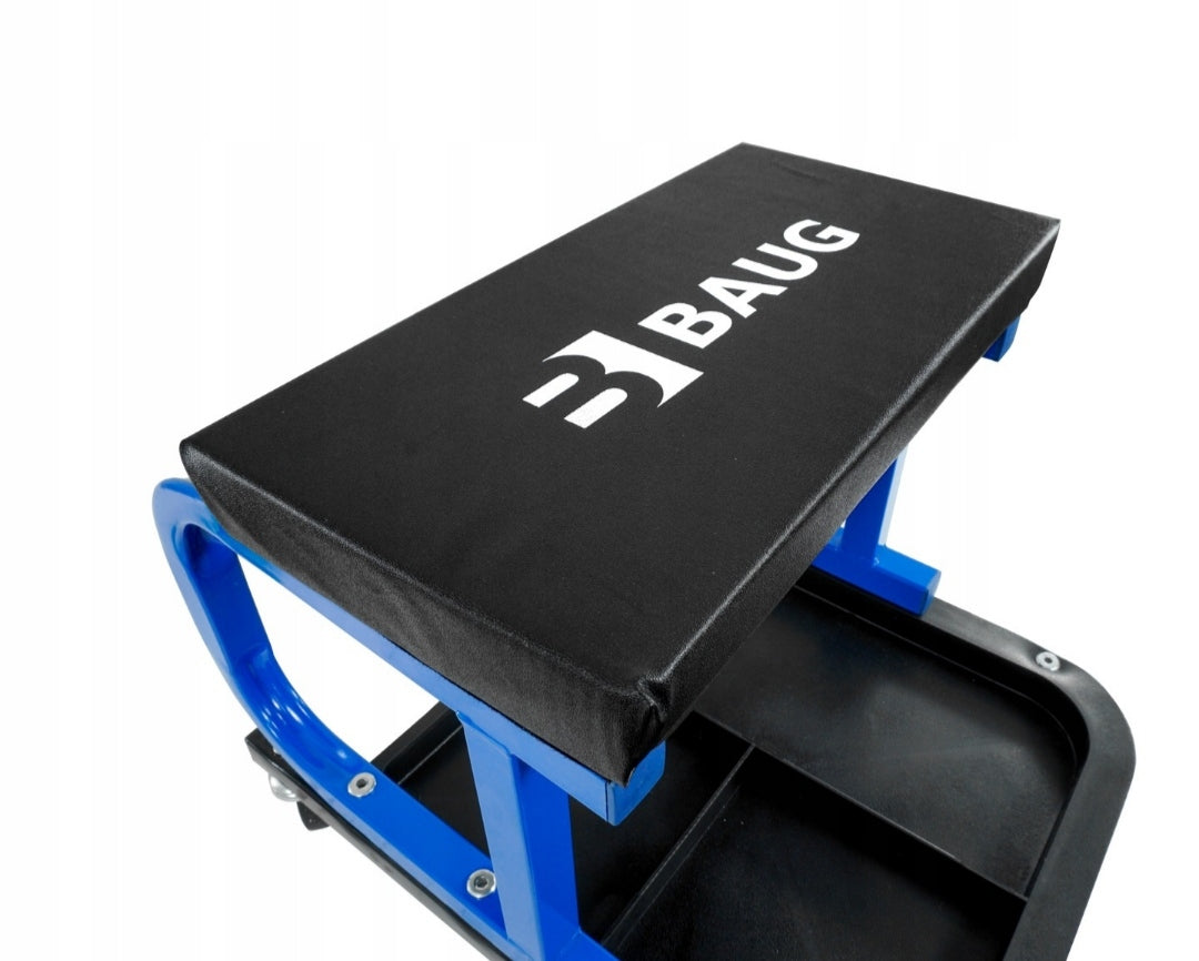 Sgabello per officina con ruote, sgabello di montaggio, carrello meccanico con ripiano porta-attrezzi a 3 scomparti, sgabello da officina su ruote, sgabello meccanico garage, Baug