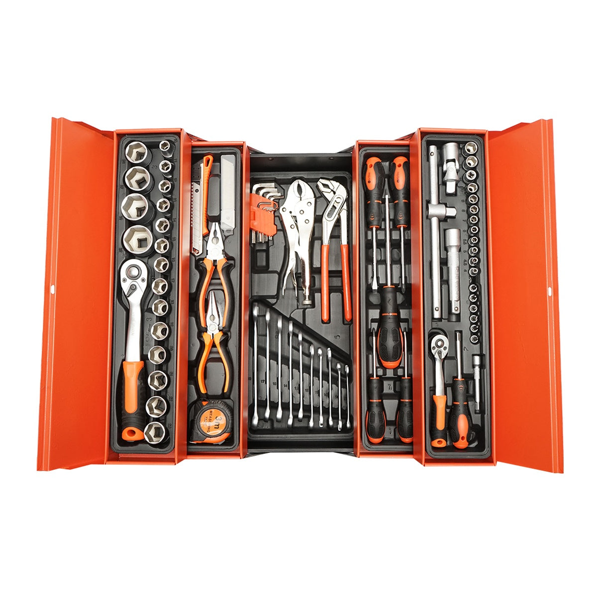 Cassetta attrezzi completa di 85 utensili, cassetta porta attrezzi, set chiavi cricchetti pinze completa, a 5 scomparti