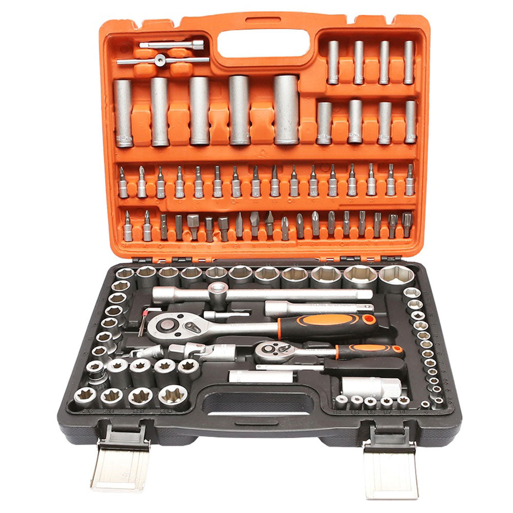 Valigetta utensili professionale 108 pezzi, serie di chiavi a bussola, torx cricchetti, prolunghe, kit attrezzi per auto, officina fai-da-te con attacchi 1/2" e 1/4"