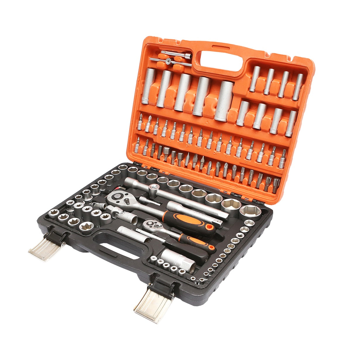 Valigetta utensili professionale 108 pezzi, serie di chiavi a bussola, torx cricchetti, prolunghe, kit attrezzi per auto, officina fai-da-te con attacchi 1/2" e 1/4"
