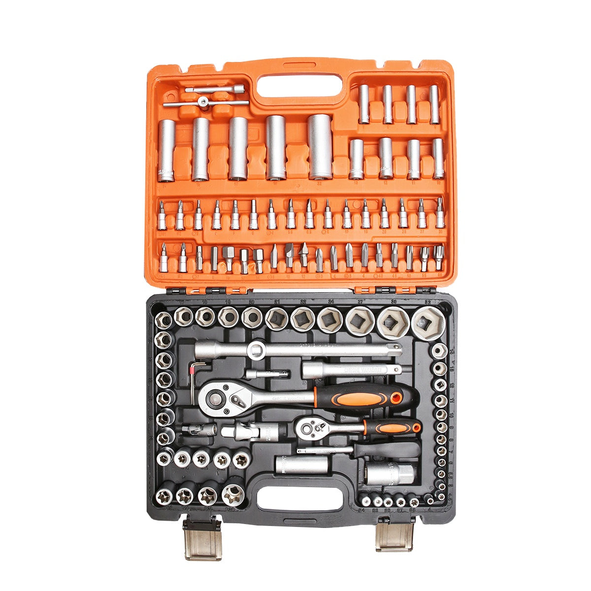 Valigetta utensili professionale 108 pezzi, serie di chiavi a bussola, torx cricchetti, prolunghe, kit attrezzi per auto, officina fai-da-te con attacchi 1/2" e 1/4"