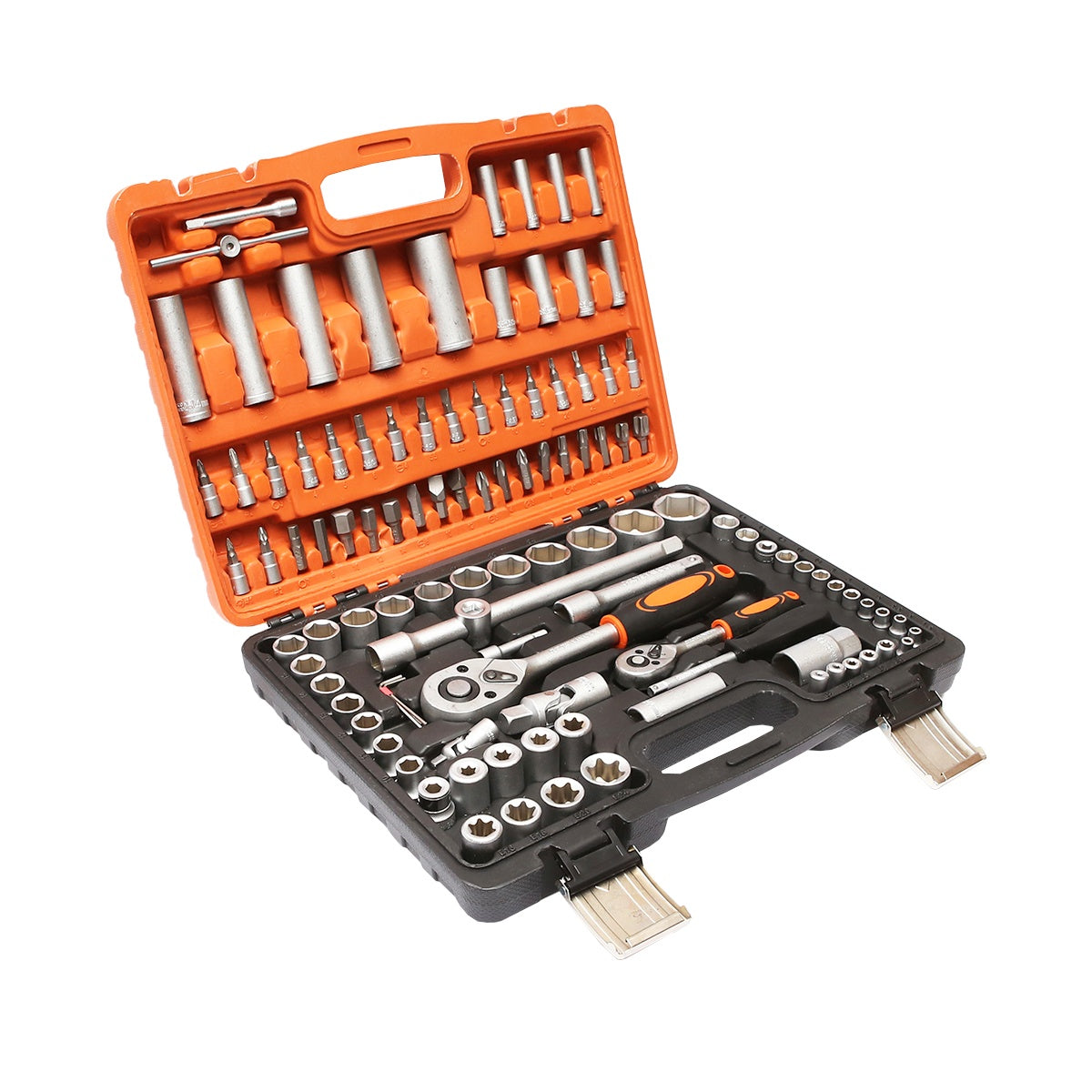 Valigetta utensili professionale 108 pezzi, serie di chiavi a bussola, torx cricchetti, prolunghe, kit attrezzi per auto, officina fai-da-te con attacchi 1/2" e 1/4"