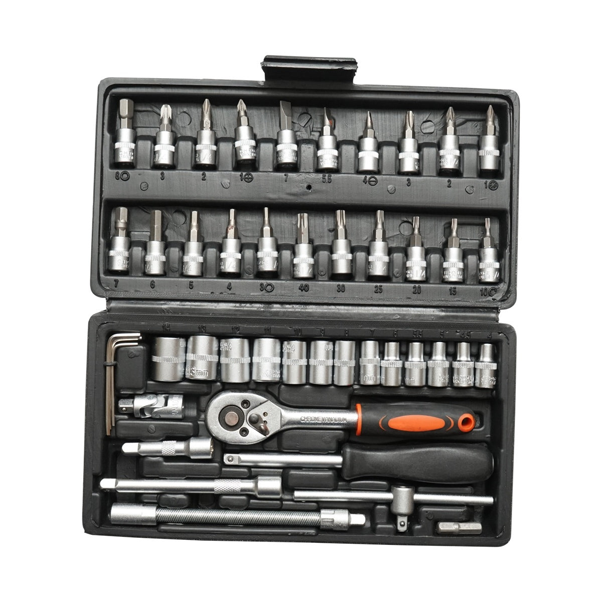 Set di bussole con cricchetto reversibile, poligonali, estensibile, (1/4"), 46 pz., con prolunghe