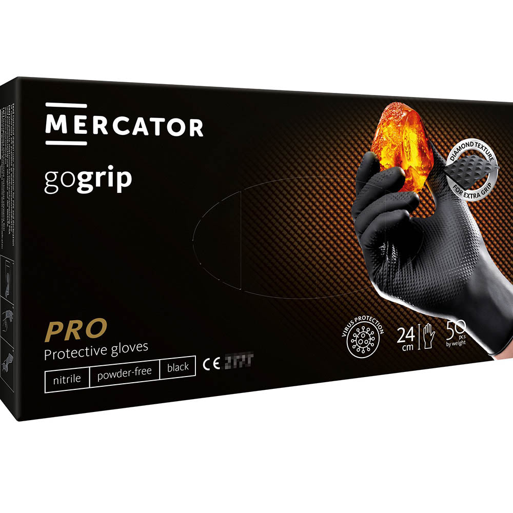 Guanti monouso in nitrile, extra resistenti, no polvere, no lattice, per meccanici, tatuatori, ristorazione, guanti da lavoro professionali, premium Mercator GoGrip neri taglia XL 50 pezzi