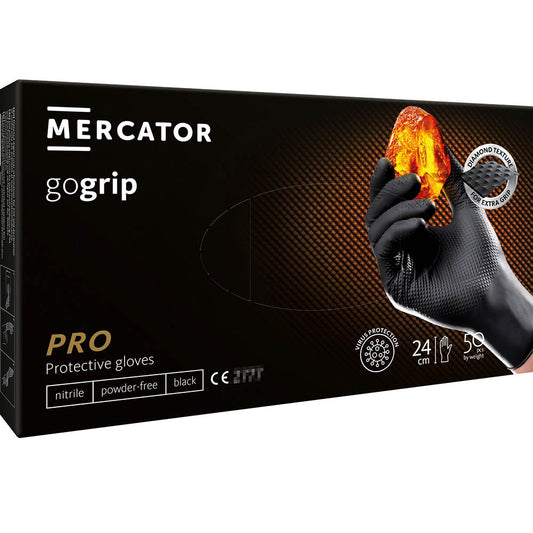 Guanti monouso in nitrile, extra resistenti, no polvere, no lattice, per meccanici, tatuatori, ristorazione, guanti da lavoro professionali, premium Mercator GoGrip neri taglia XL 50 pezzi