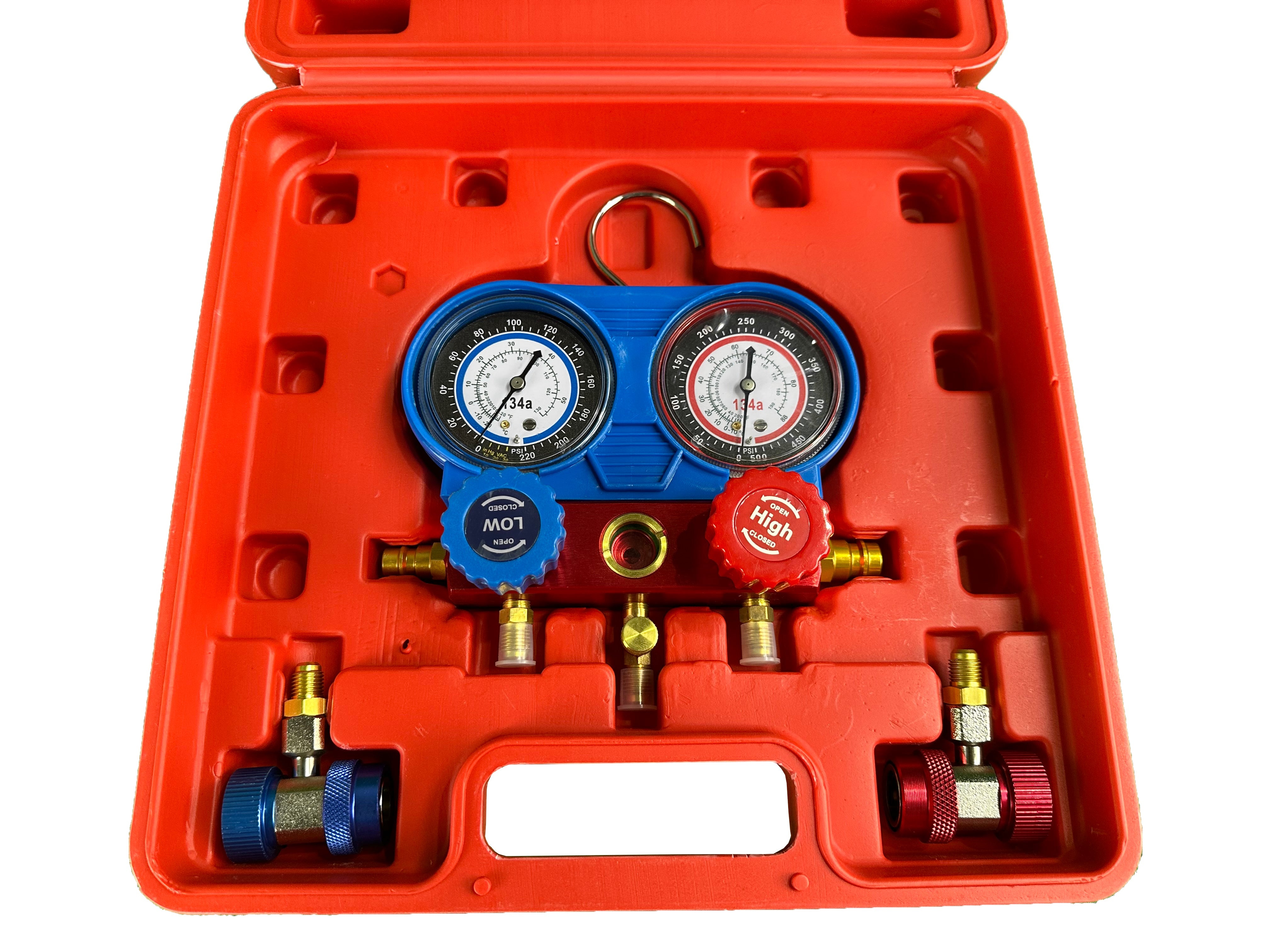 Pompa vuoto per condizionatori con kit manometri condizionatori, kit ricarica aria condizionata per refrigeranti, kit set manometro per diagnosi gas condizionatori di aria e auto, Gebo Tools