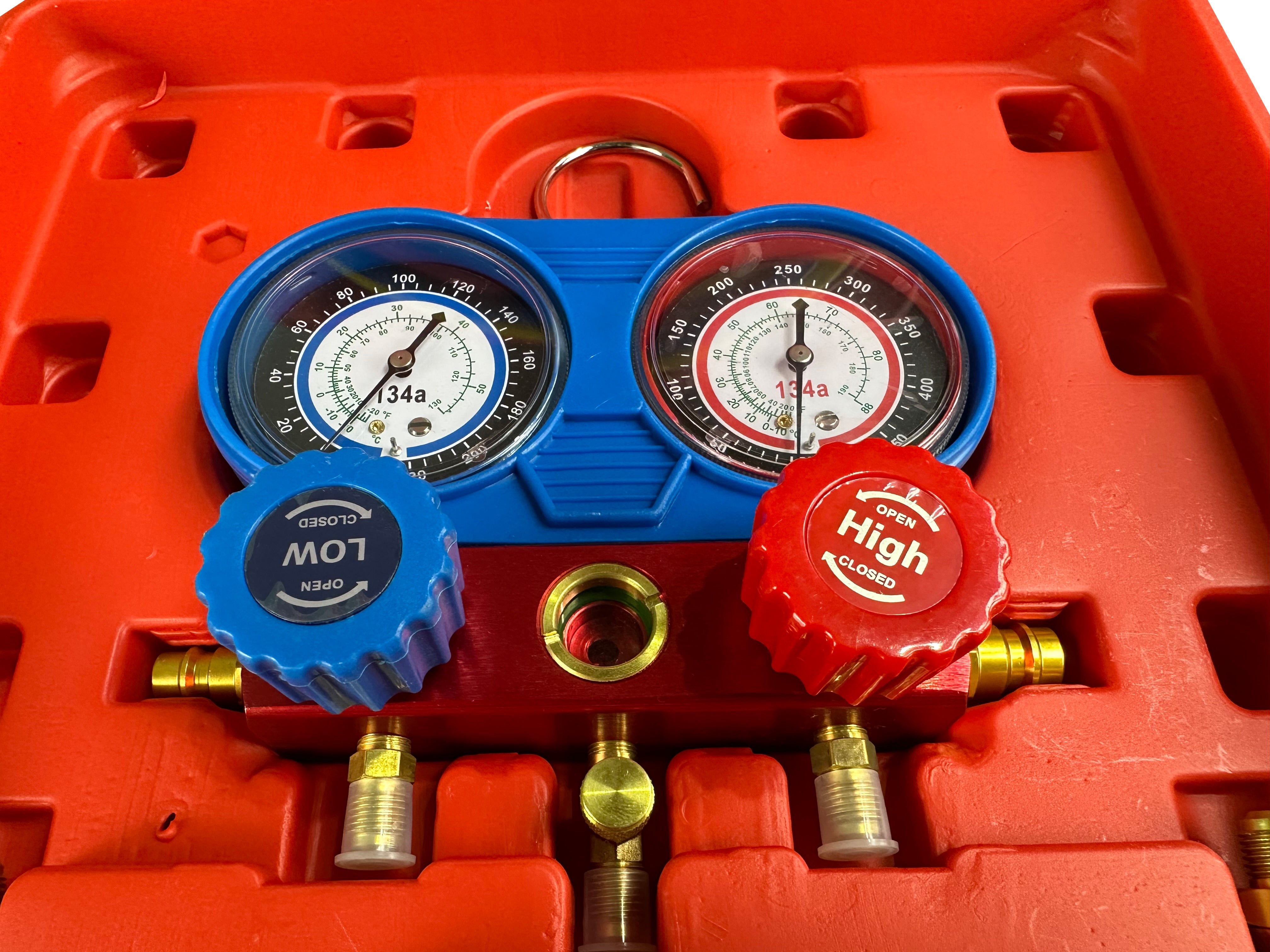 Pompa vuoto per condizionatori con kit manometri condizionatori, kit ricarica aria condizionata per refrigeranti, kit set manometro per diagnosi gas condizionatori di aria e auto, Gebo Tools