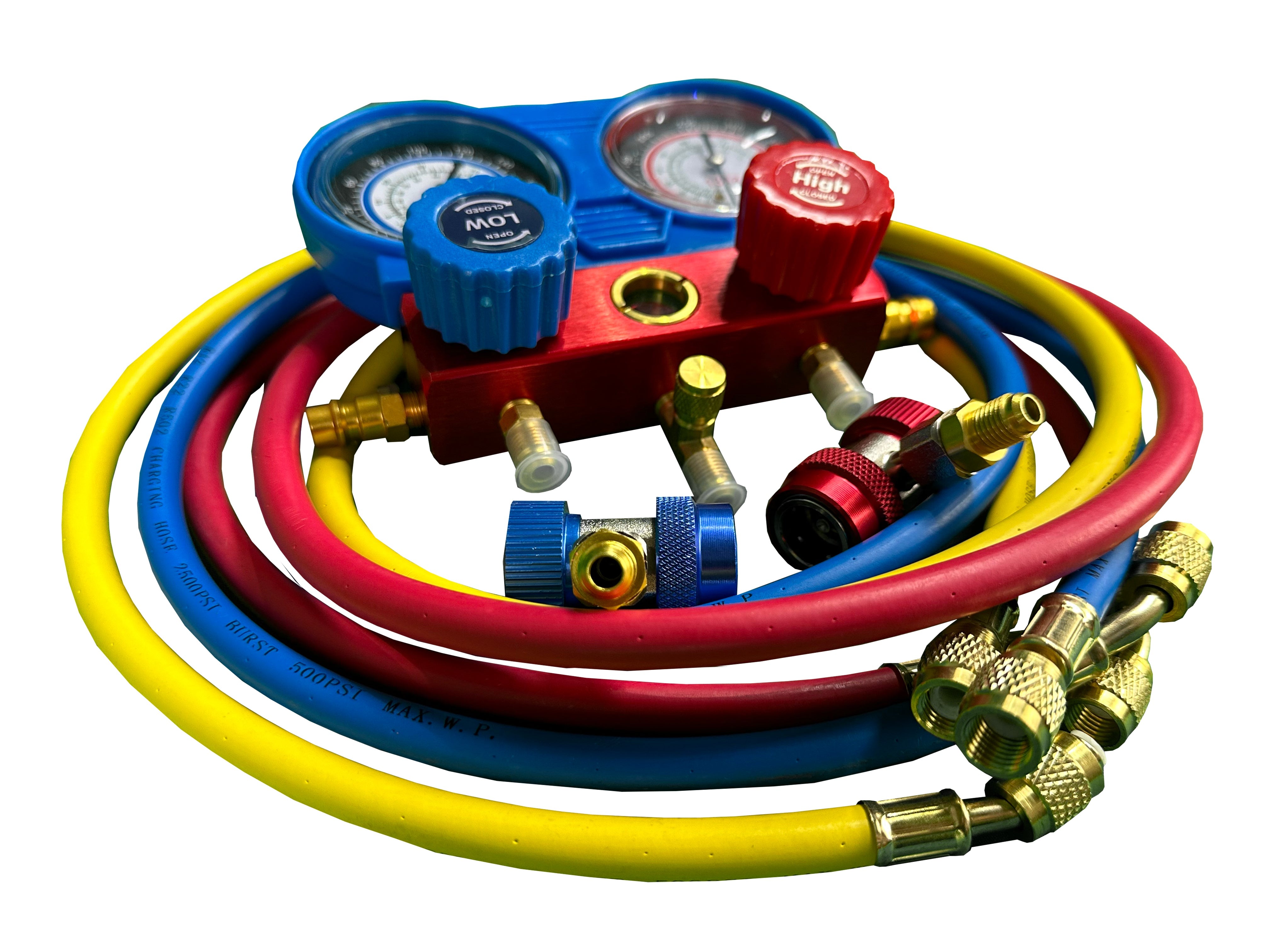 Pompa vuoto per condizionatori con kit manometri condizionatori, kit ricarica aria condizionata per refrigeranti, kit set manometro per diagnosi gas condizionatori di aria e auto, Gebo Tools