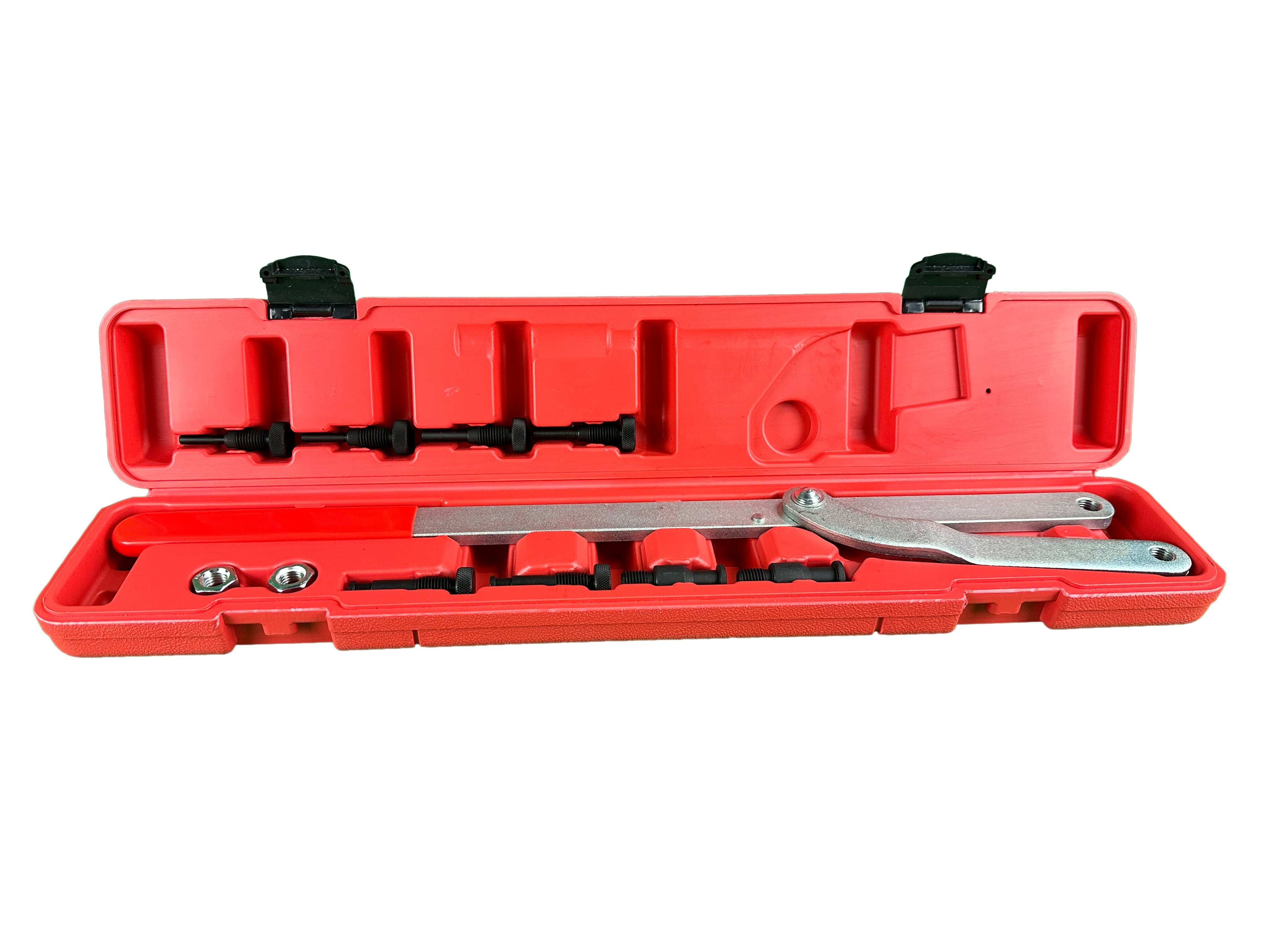 Set attrezzi chiave controsupporto per albero a camme 40–220 mm con 4 set di bulloni di bloccaggio 6, 8, 10, 16 mm con custodia, kit di chiavi a leva per il bloccaggio degli ingranaggi della distribuzione e degli alberi a camme, marca Gebo Tools