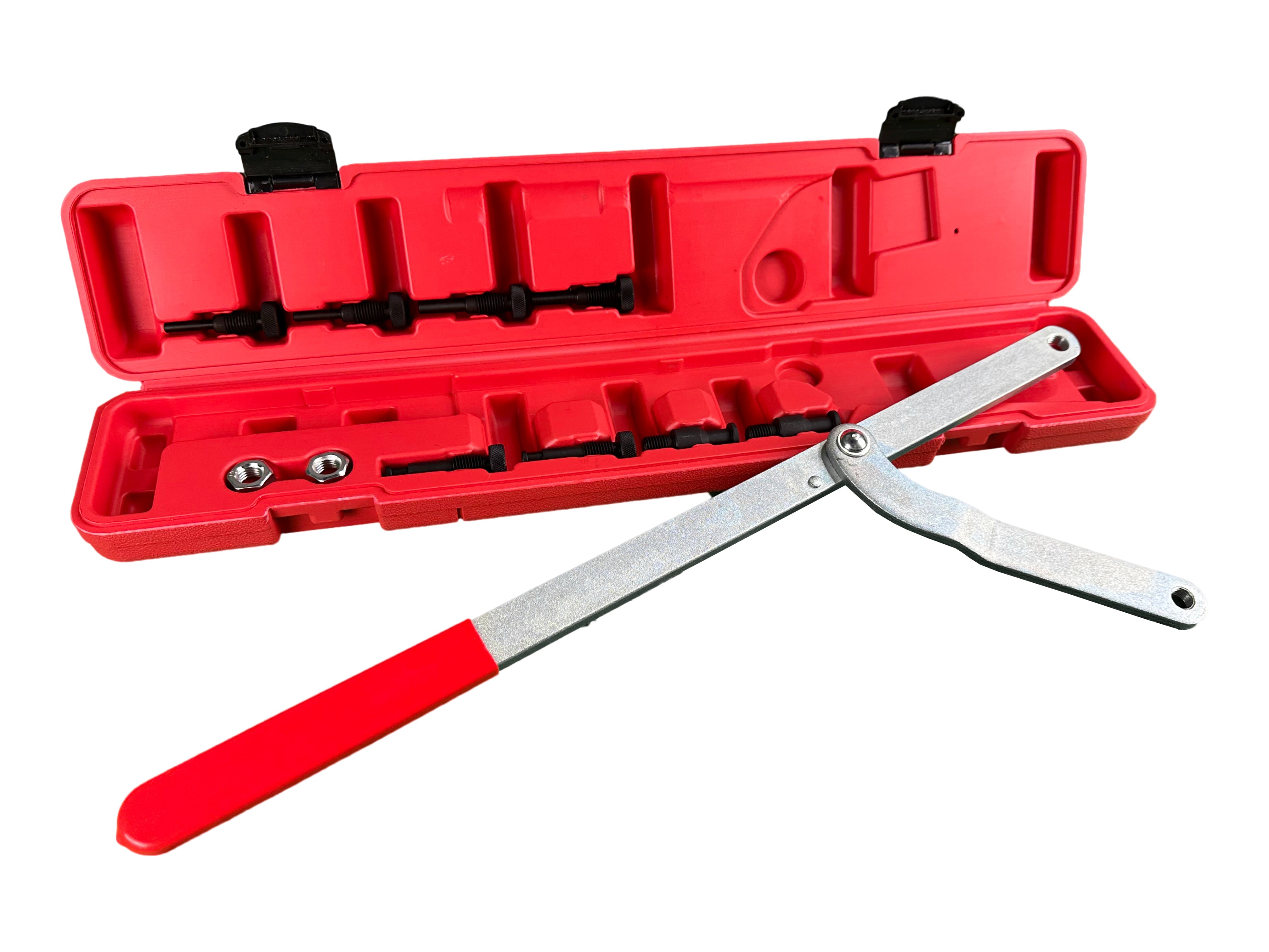 Set attrezzi chiave controsupporto per albero a camme 40–220 mm con 4 set di bulloni di bloccaggio 6, 8, 10, 16 mm con custodia, kit di chiavi a leva per il bloccaggio degli ingranaggi della distribuzione e degli alberi a camme, marca Gebo Tools