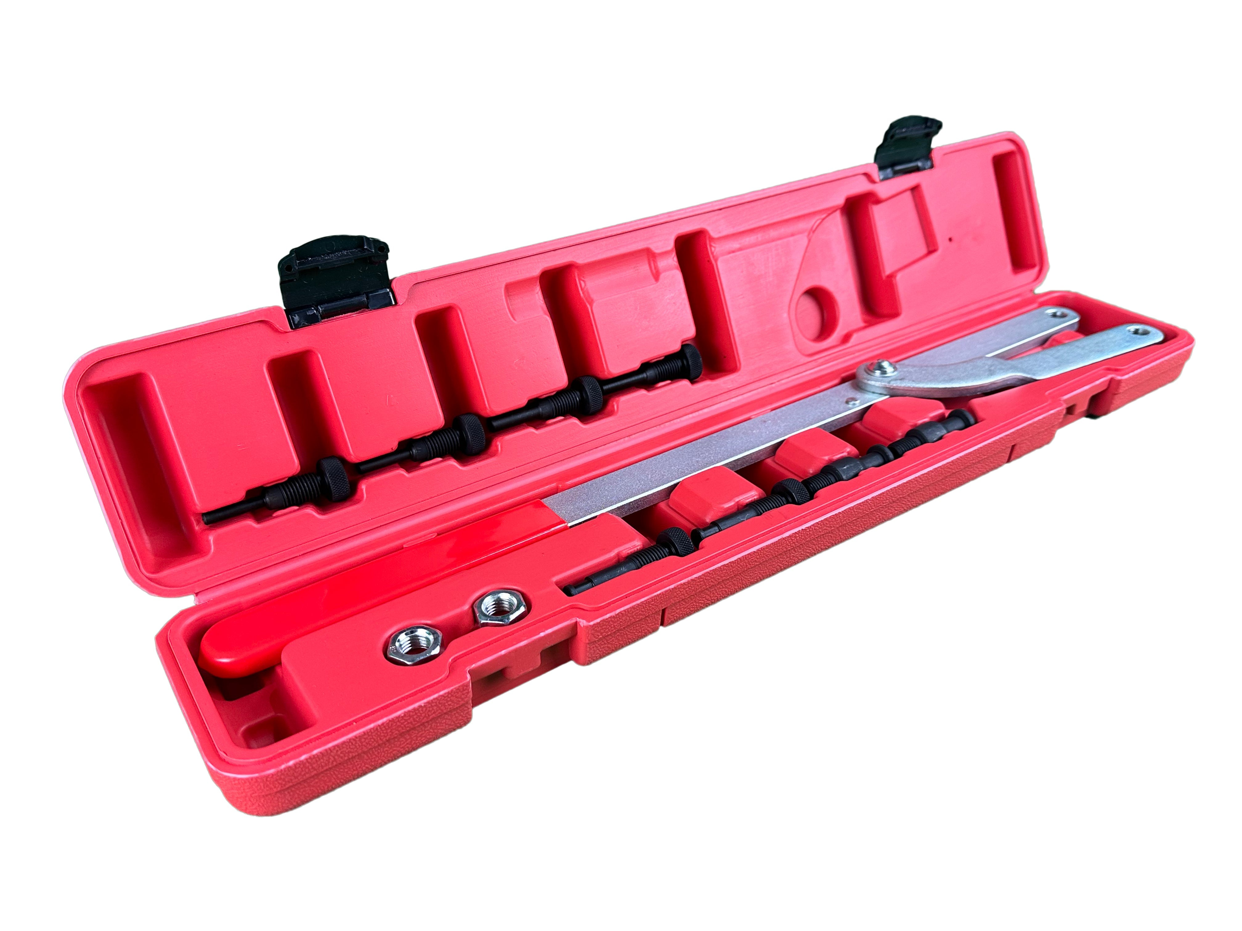 Set attrezzi chiave controsupporto per albero a camme 40–220 mm con 4 set di bulloni di bloccaggio 6, 8, 10, 16 mm con custodia, kit di chiavi a leva per il bloccaggio degli ingranaggi della distribuzione e degli alberi a camme, marca Gebo Tools