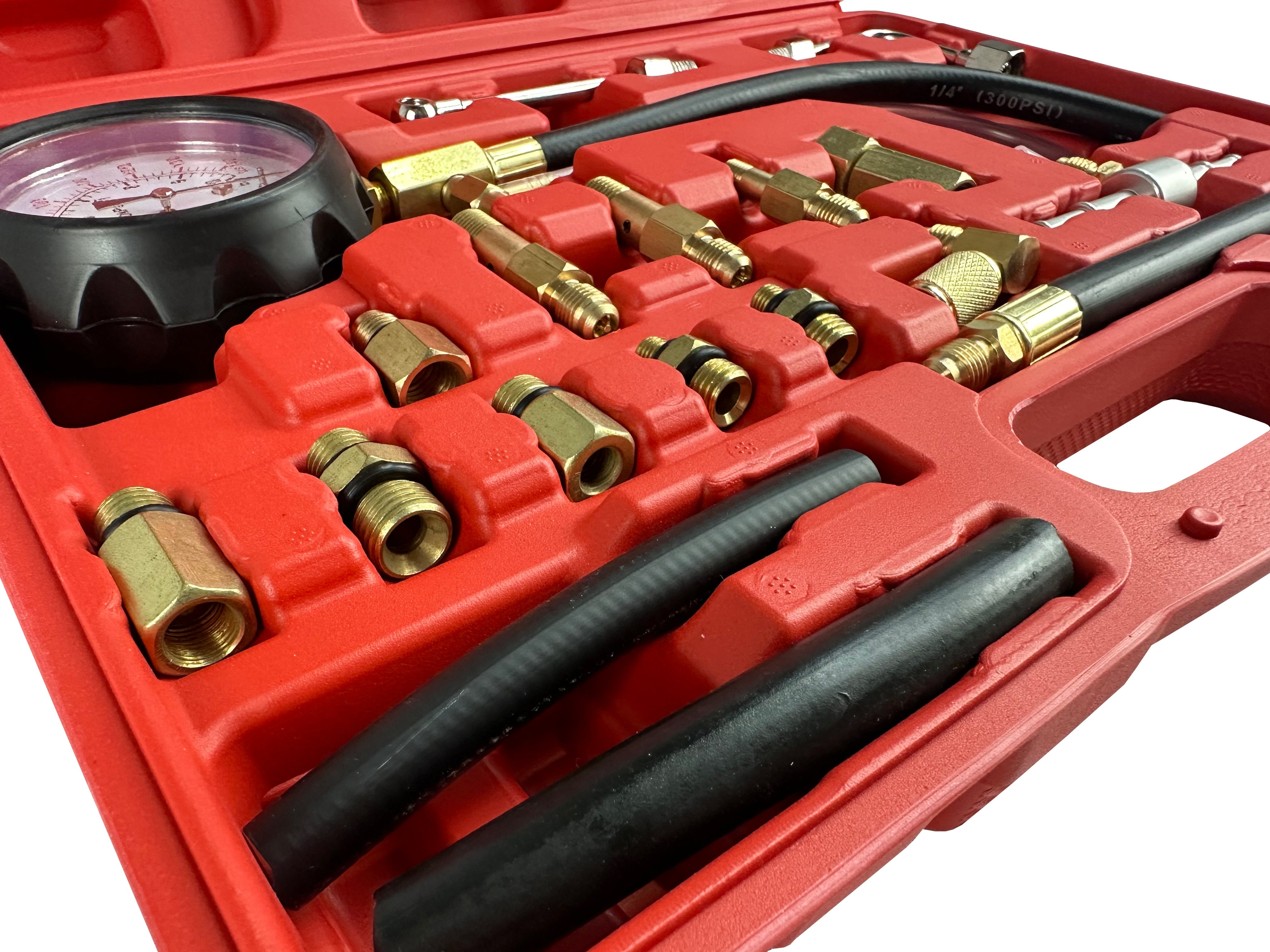 Kit tester pressione, compressione iniezione carburante, manometro diagnostico per carburante, set per testare la pressione della benzina dell’auto, 0-10 bar (0 – 140 PSI), 21 pezzi Gebo Tools