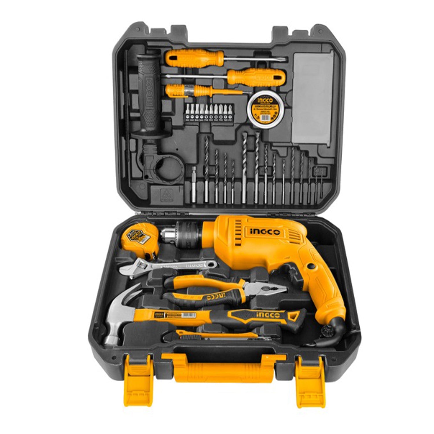 Cassetta attrezzi completa con trapano avvitatore batteria 680 W, 115 pezzi, set completo di punte, Ingco