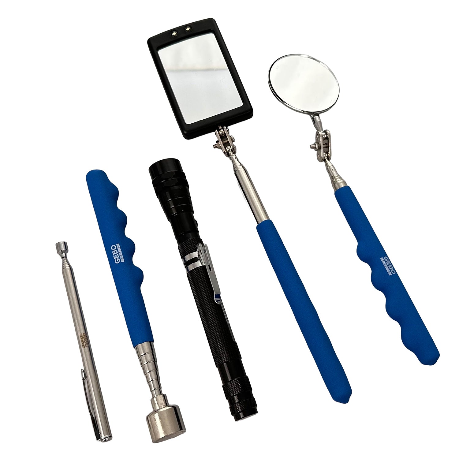 Attrezzi kit, specchio di ispezione telescopico, quadrato specchio con luce LED, manico telescopico per angolo visione extra, magnetico pickup, 5 pezzi, Gebo Tools
