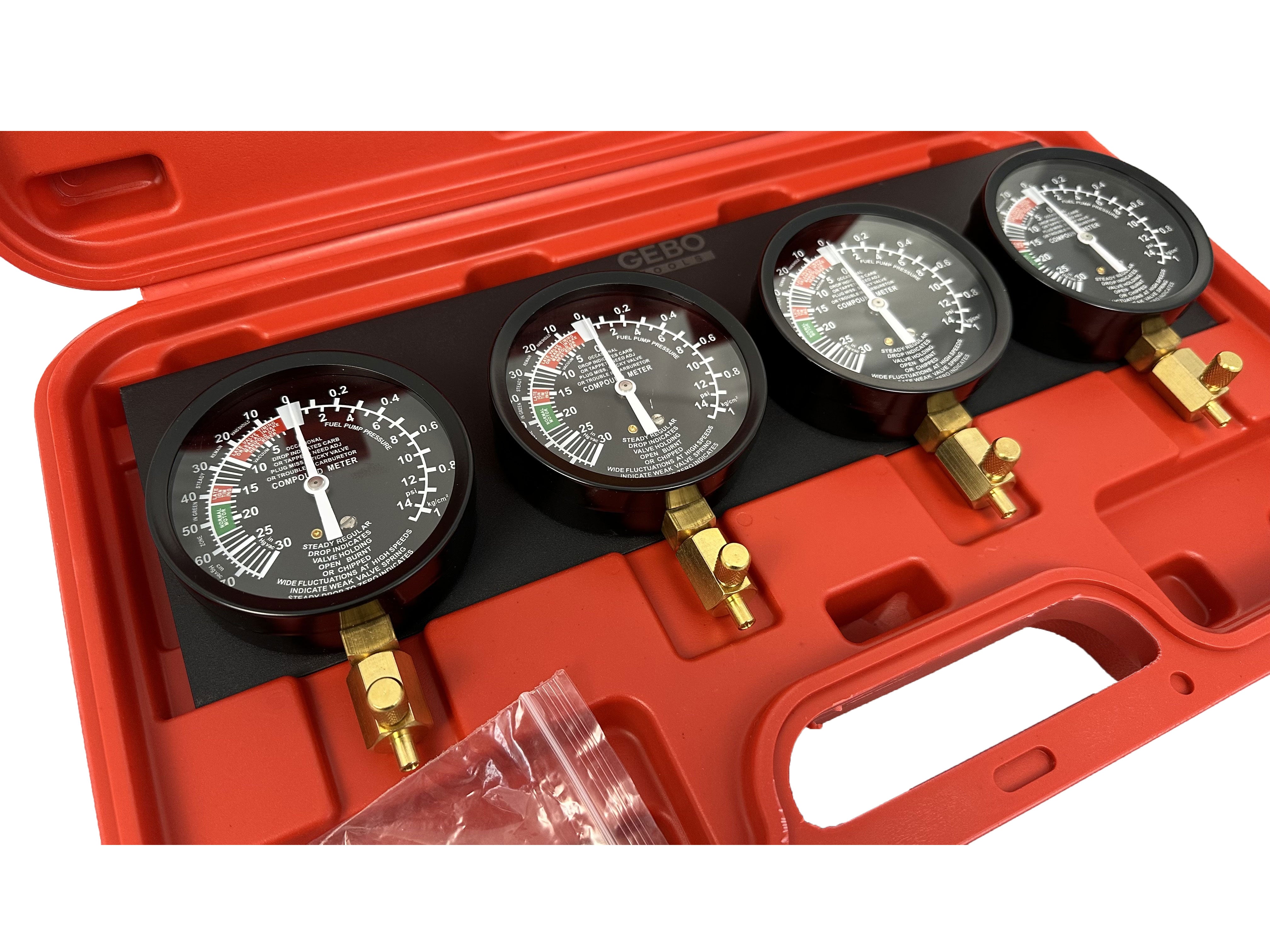 Tester pressione carburante per auto moto, sincronizzatore carburatore per vuoto set di strumenti con adattatore e 4 manometro, Gebo Tools