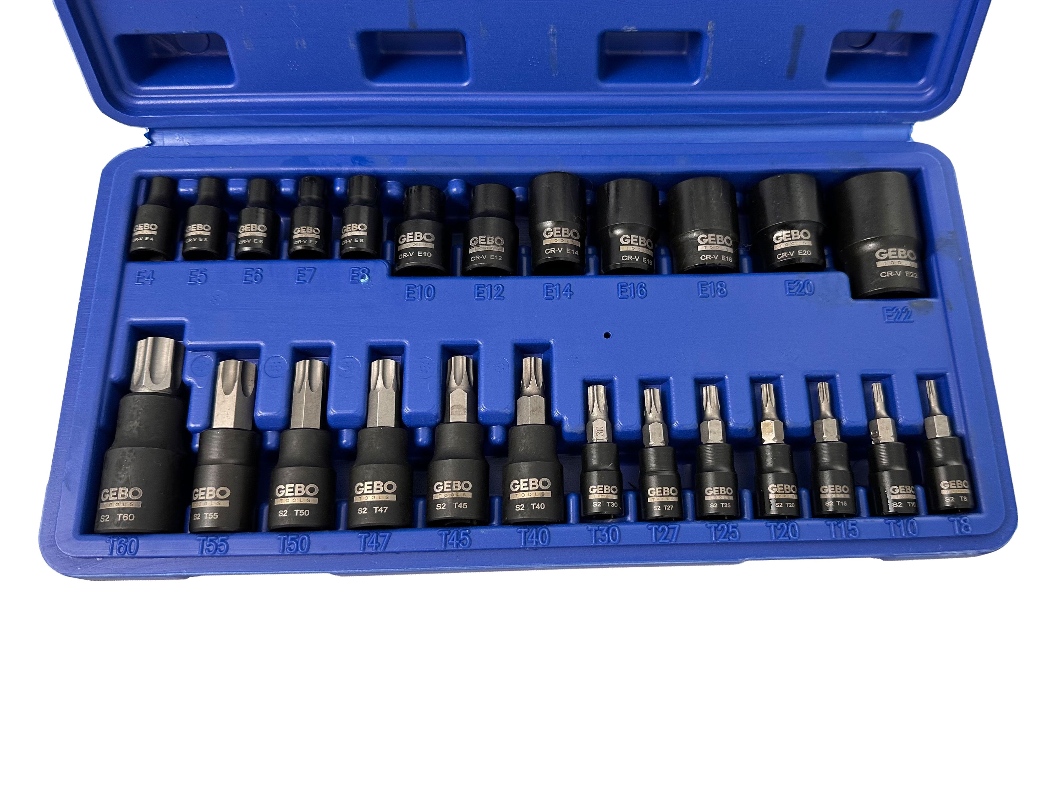 Set di 25 chiavi a bussola Torx E4-E20 T8-T60, inserti per chiave a bussole con punta, cassetta attrezzi, Gebo Tools