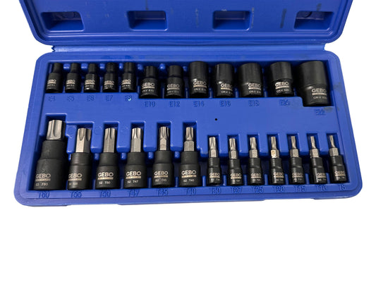 Set di 25 chiavi a bussola Torx E4-E20 T8-T60, inserti per chiave a bussole con punta, cassetta attrezzi, Gebo Tools
