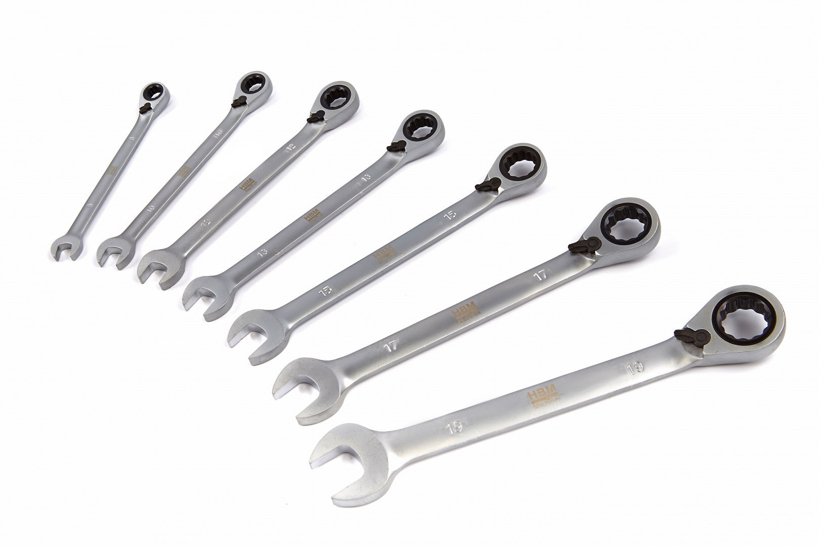 Set di chiavi combinate a cricchetto reversibili 7 pz (8-19mm), acciaio Cr-V, con scatola in plastica