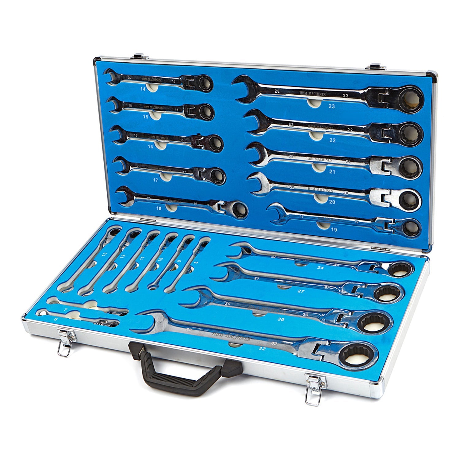 Set di chiavi combinate a cricchetto con snodo, snodabili-snodate, set 22 pz in valigetta alluminio