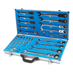 Set di chiavi combinate a cricchetto con snodo, snodabili-snodate, set 22 pz in valigetta alluminio