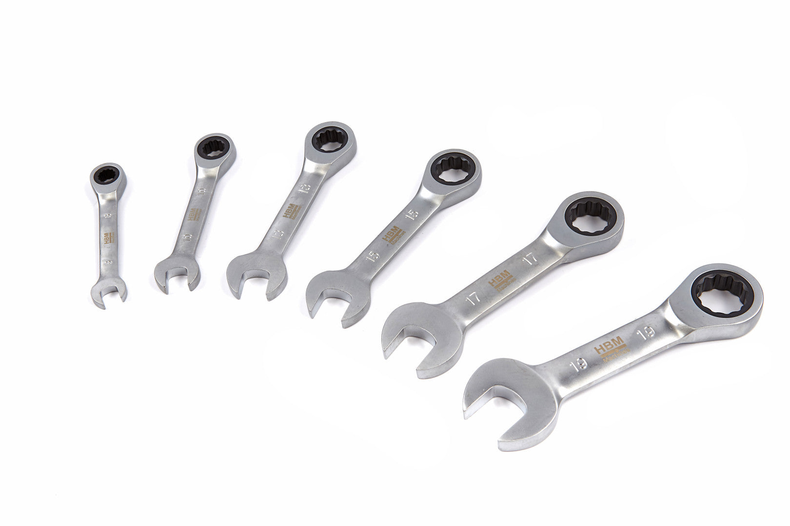 Serie di chiavi combinate a cricchetto anello-forchetta, extra corte, 8 - 19 mm, 6 pz., in acciaio Cr-V