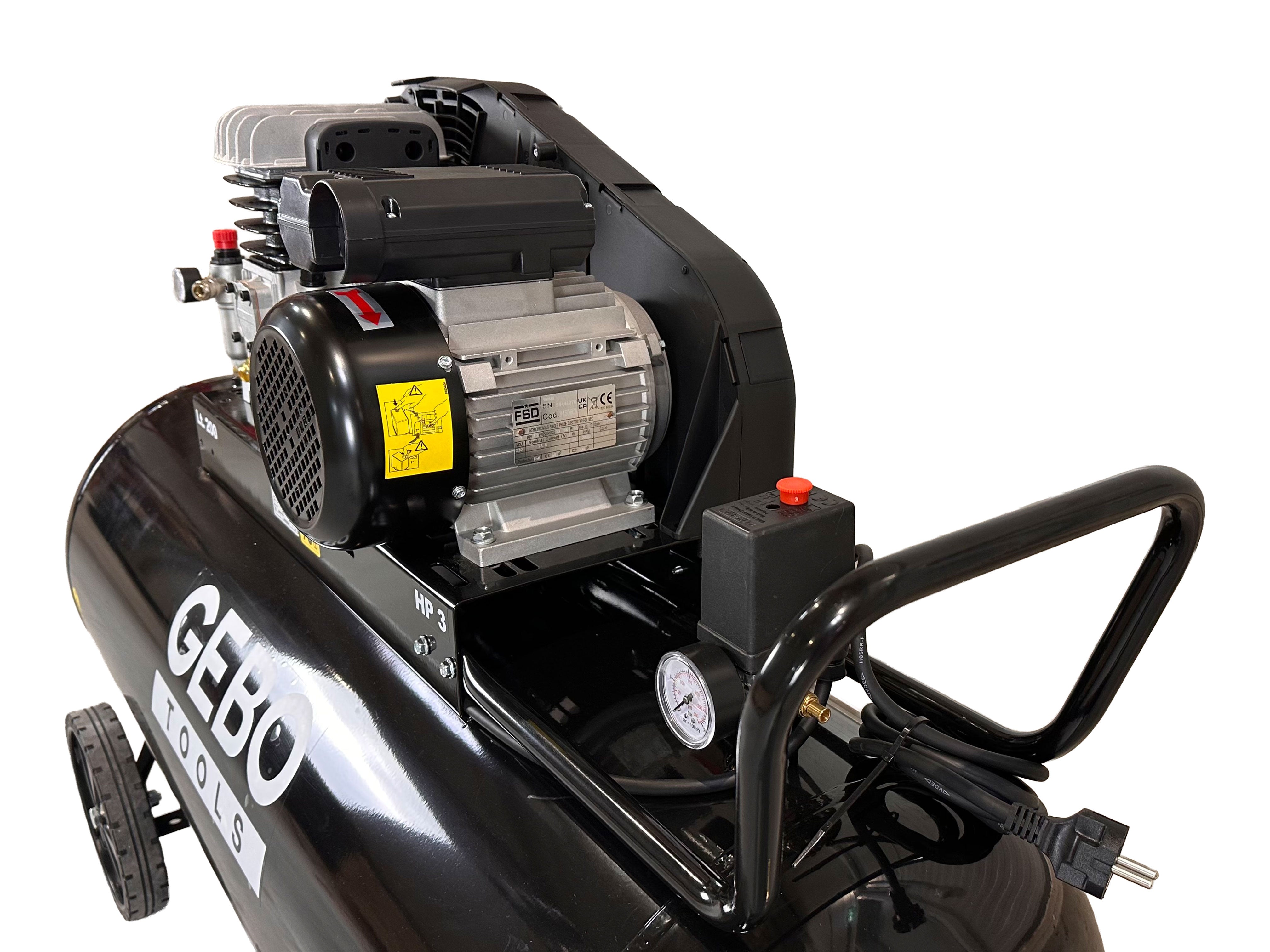 Compressore d'aria da 200 litri 3 HP 230 V, gonfiatore per pneumatici, kit di gonfiaggio per pneumatici da 40 l/min, pompa d'aria per auto, biciclette, palloni, materassi ad aria, barche gonfiabili con cavo alimentazione tubo aria manometro, Gebo Tools