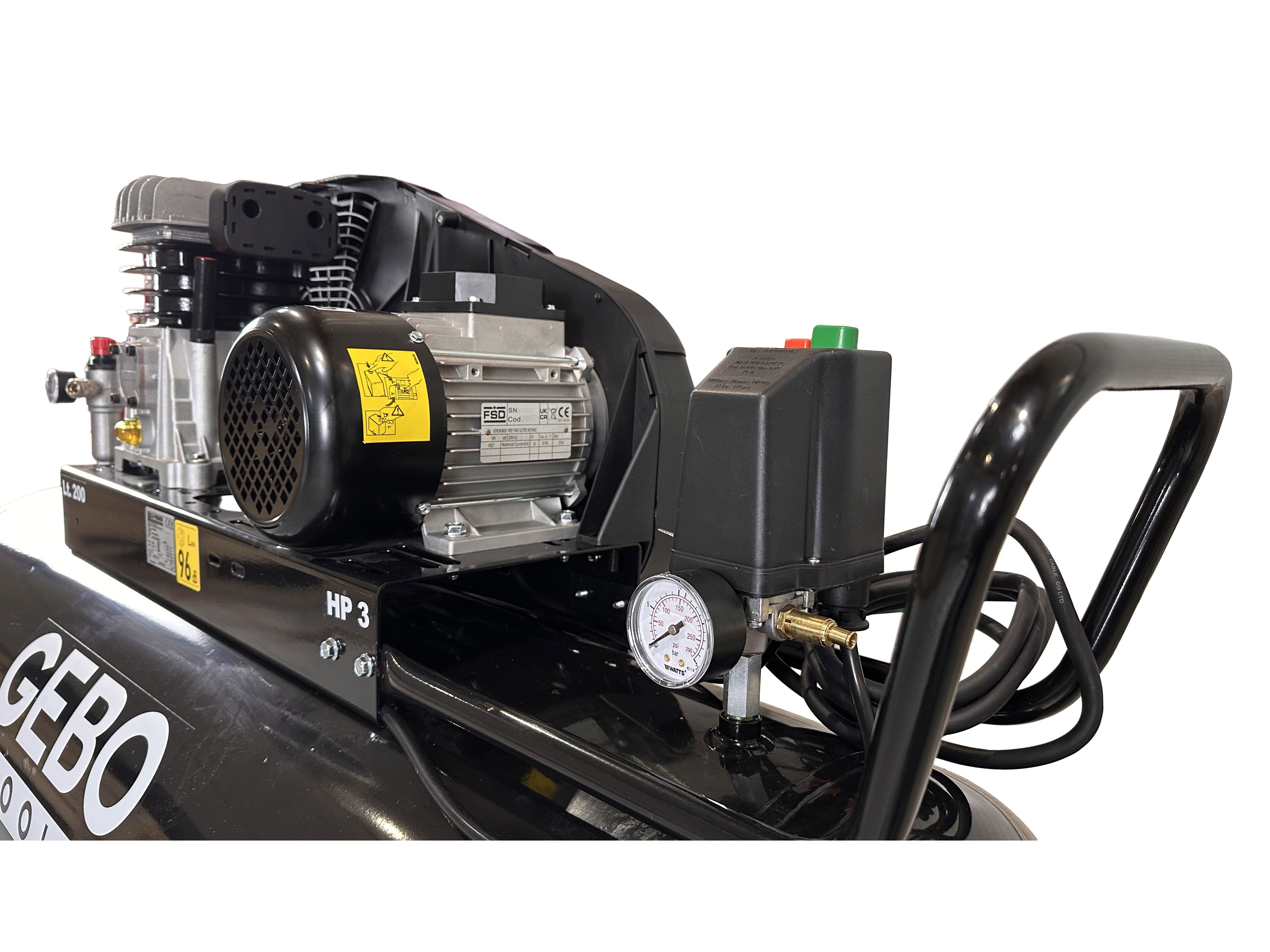 Compressore d'aria da 200 litri 3 HP 400 V, gonfiatore per pneumatici, kit di gonfiaggio per pneumatici da 40 l/min, pompa d'aria per auto, biciclette, palloni, materassi ad aria, barche gonfiabili con cavo alimentazione tubo aria manometro, Gebo Tools