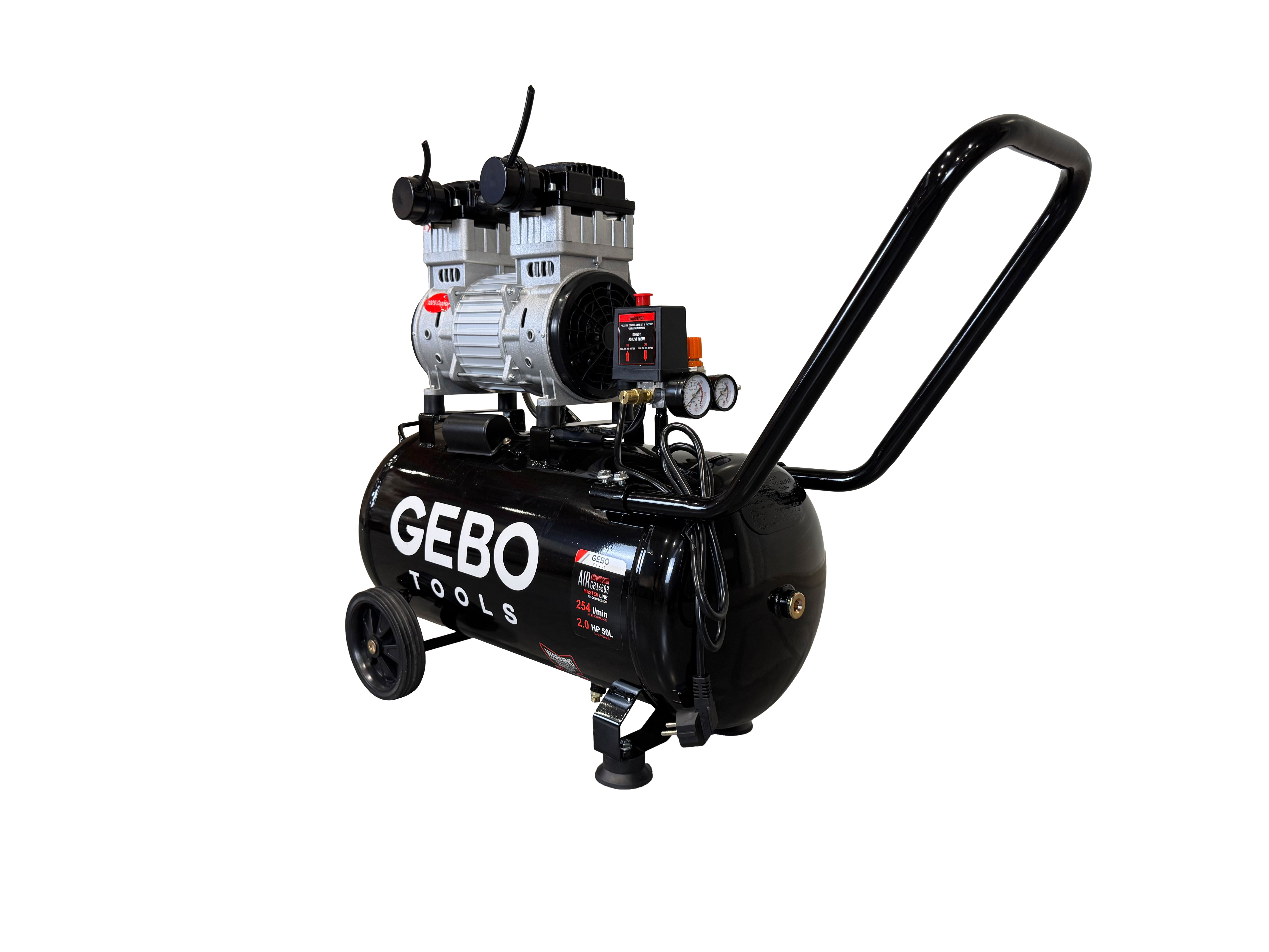 Compressore aria 220 V, 2 HP - compressore silenziato 8 bar - con capacità del serbatoio di 50 litri - senza olio, oil free - per utensili pneumatici, Gebo Tools