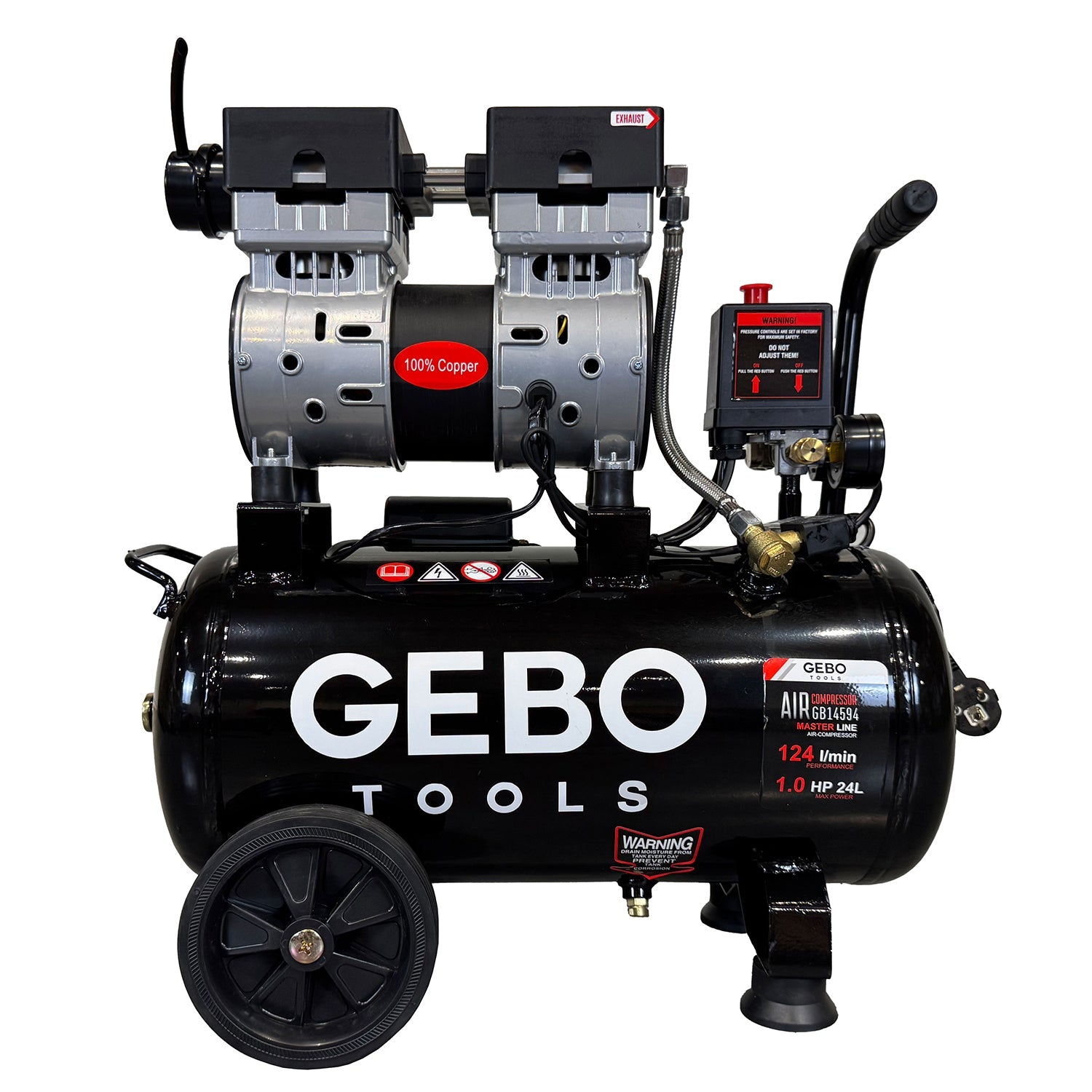 Compressore aria silenziato - con capacità del serbatoio di 24 litri - senza olio, oil free - per utensili pneumatici, Gebo Tools