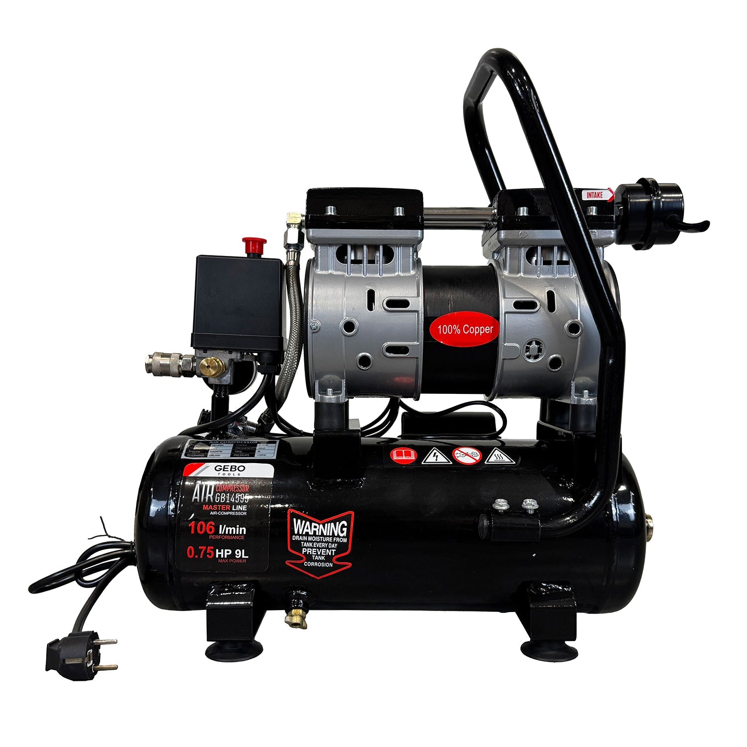 Compressore aria silenziato - con capacità del serbatoio di 9 litri - senza olio, oil free - per utensili pneumatici, Gebo Tools