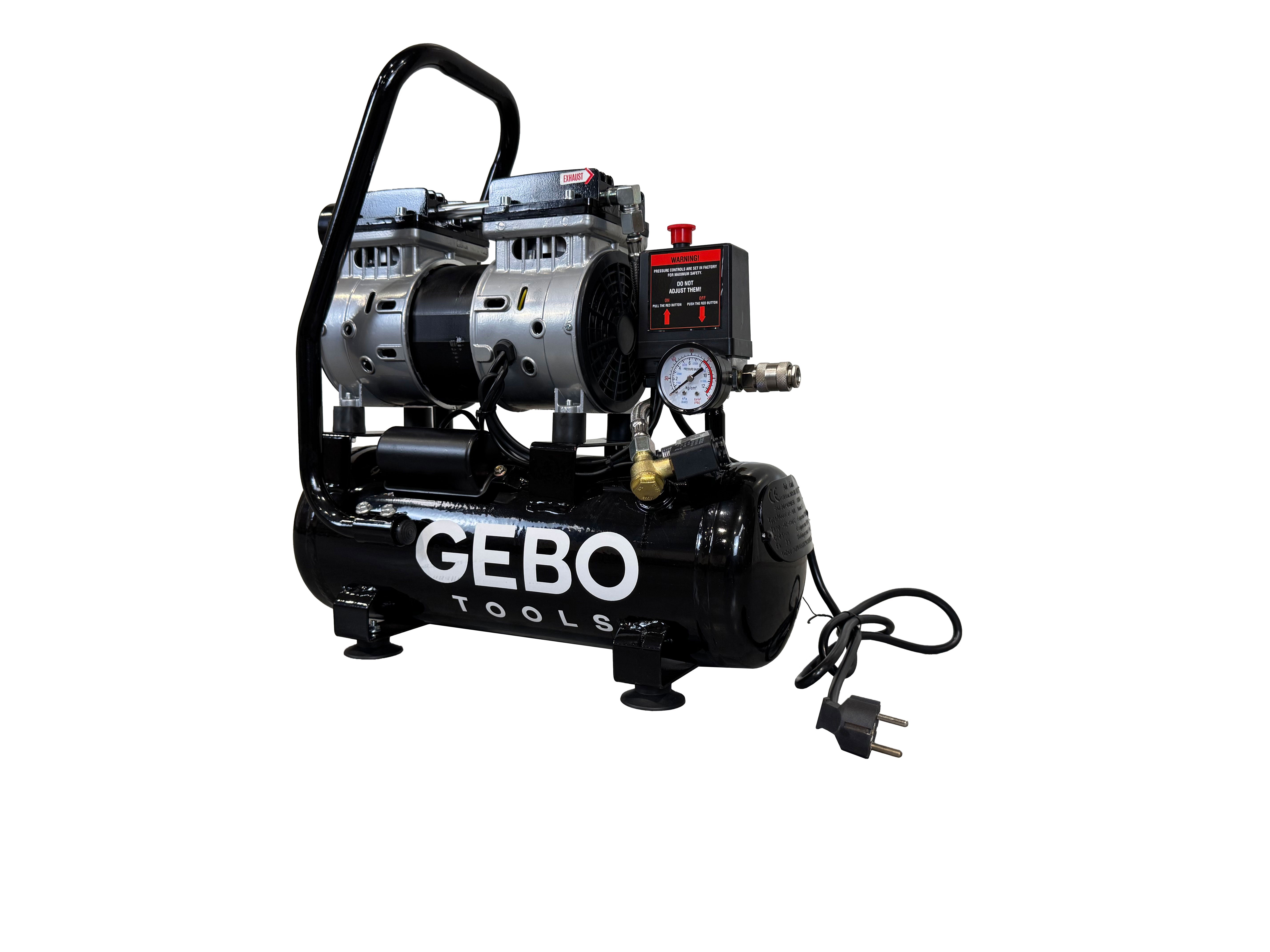 Compressore aria silenziato - con capacità del serbatoio di 9 litri - senza olio, oil free - per utensili pneumatici, Gebo Tools