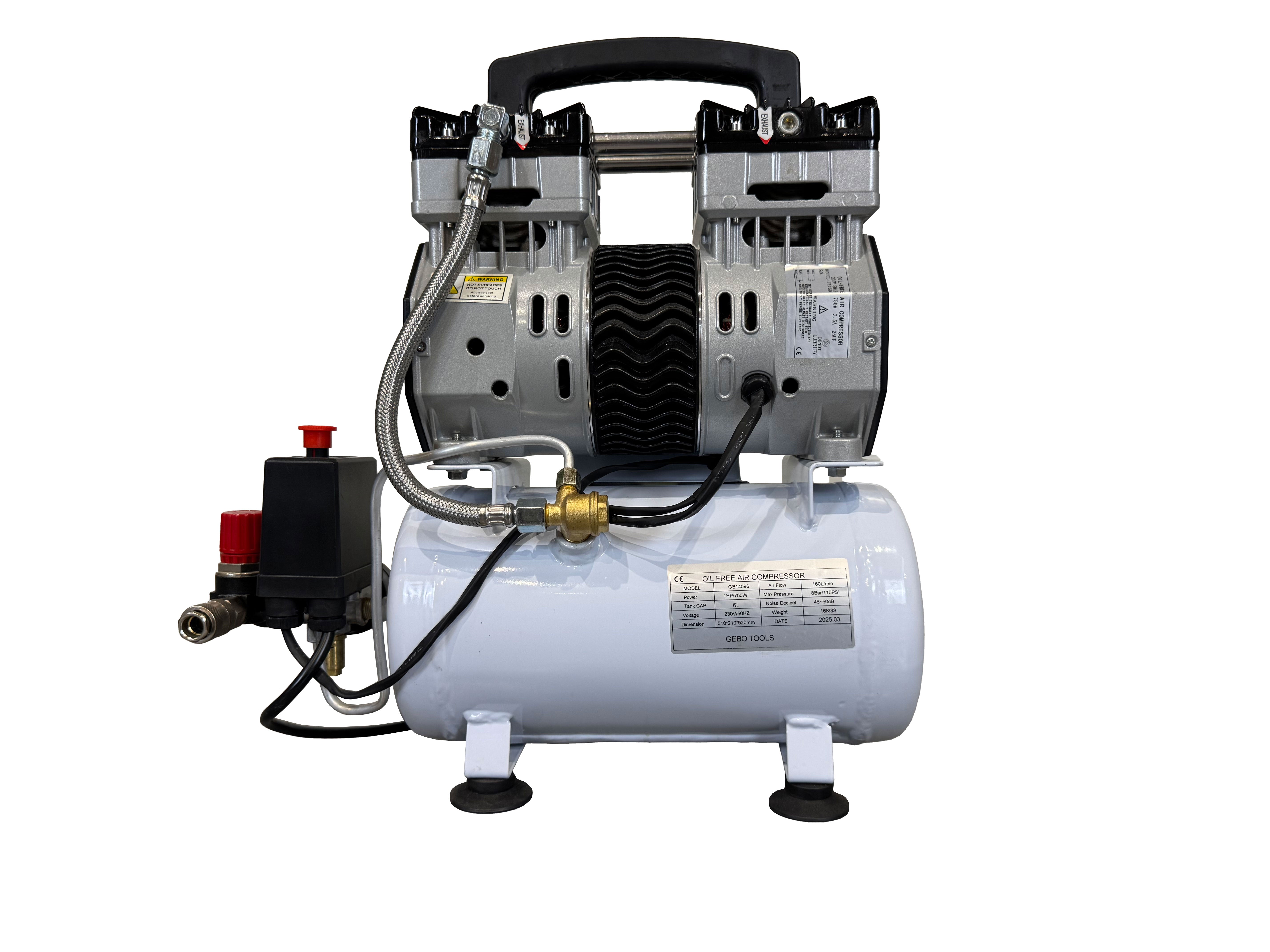Compressore aria silenziato - con capacità del serbatoio di 6 litri - senza olio, oil free - per utensili pneumatici, Gebo Tools