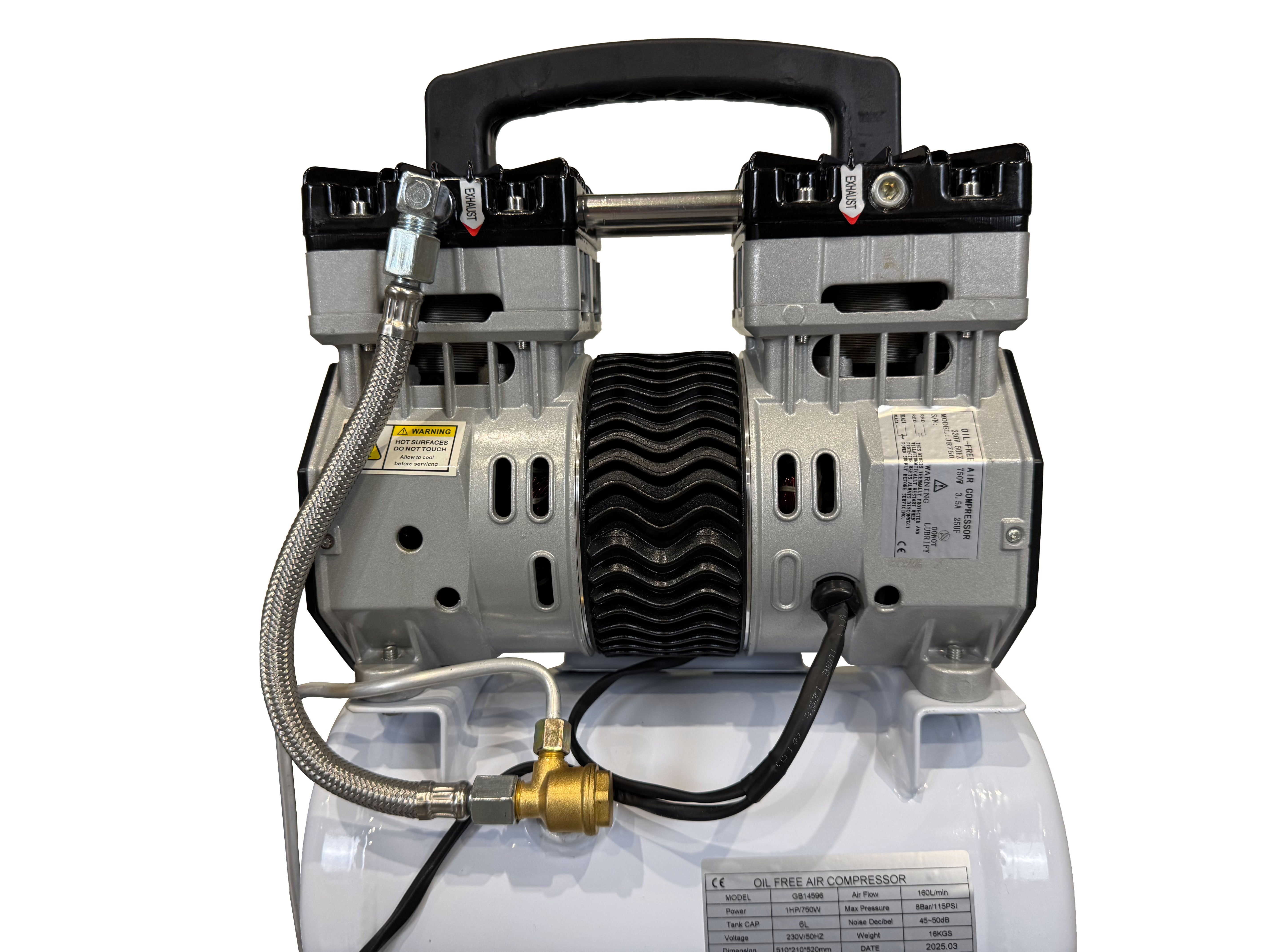 Compressore aria silenziato - con capacità del serbatoio di 6 litri - senza olio, oil free - per utensili pneumatici, Gebo Tools