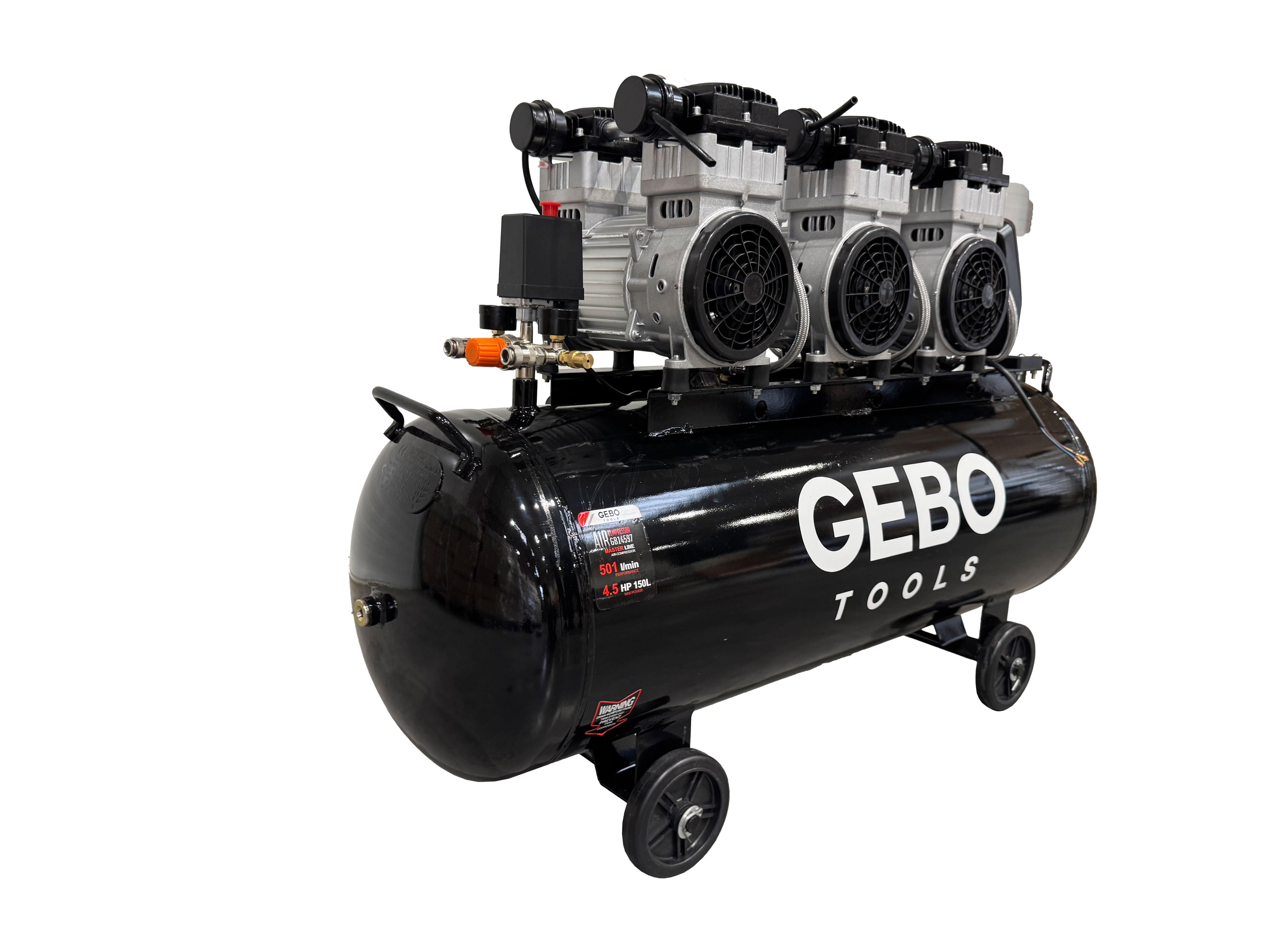 Compressore aria silenziato - con capacità del serbatoio di 150 litri - senza olio, oil free - per utensili pneumatici, Gebo Tools