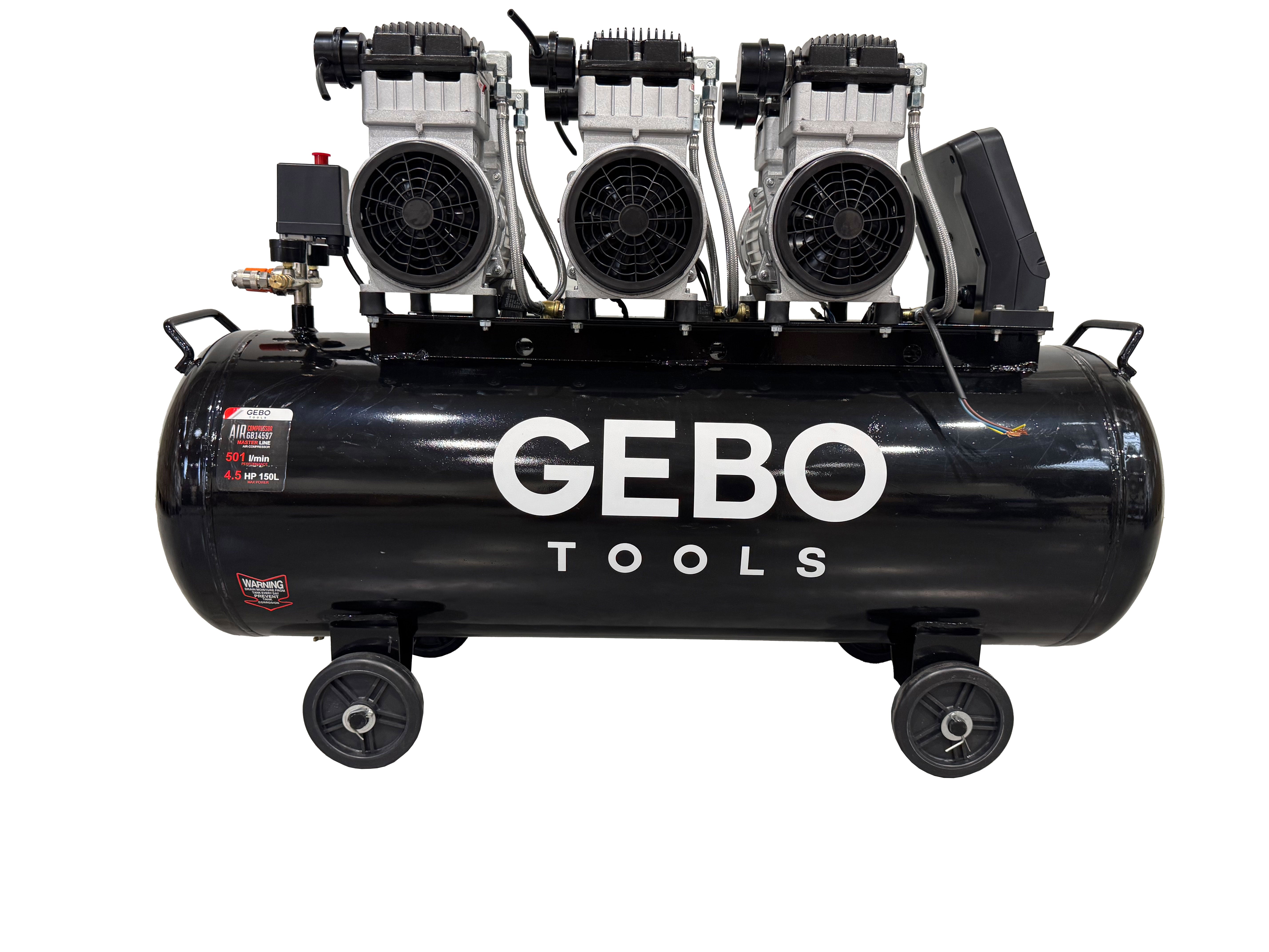 Compressore aria silenziato - con capacità del serbatoio di 150 litri - senza olio, oil free - per utensili pneumatici, Gebo Tools