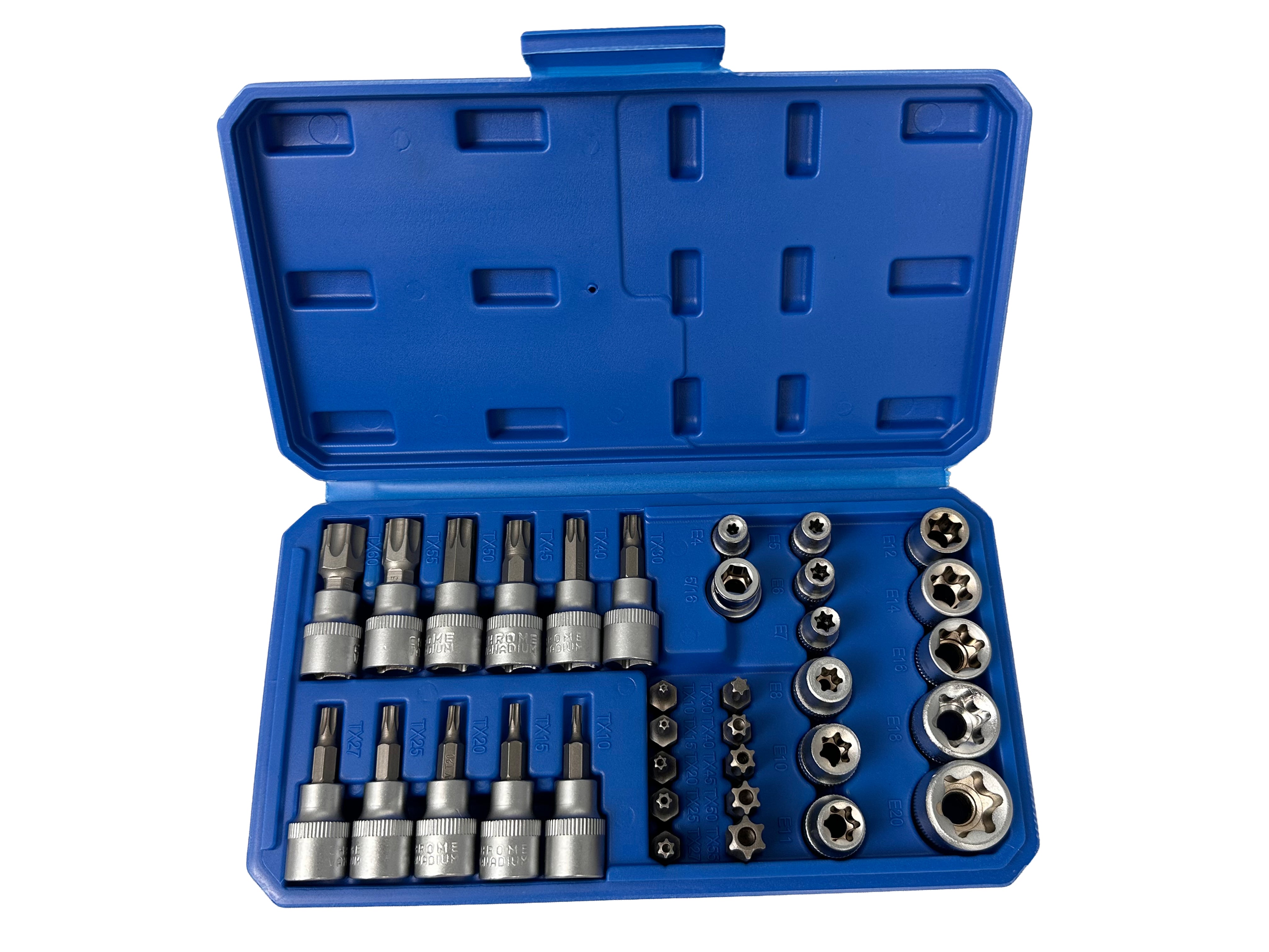 Set di chiavi a bussola Torx E4-E20, T10-T60 femmina e maschio inserti per chiave a bussole con punta, kit set inserti chiavi bussole torx attacco 3/8'' 34 pz, Gebo Tools