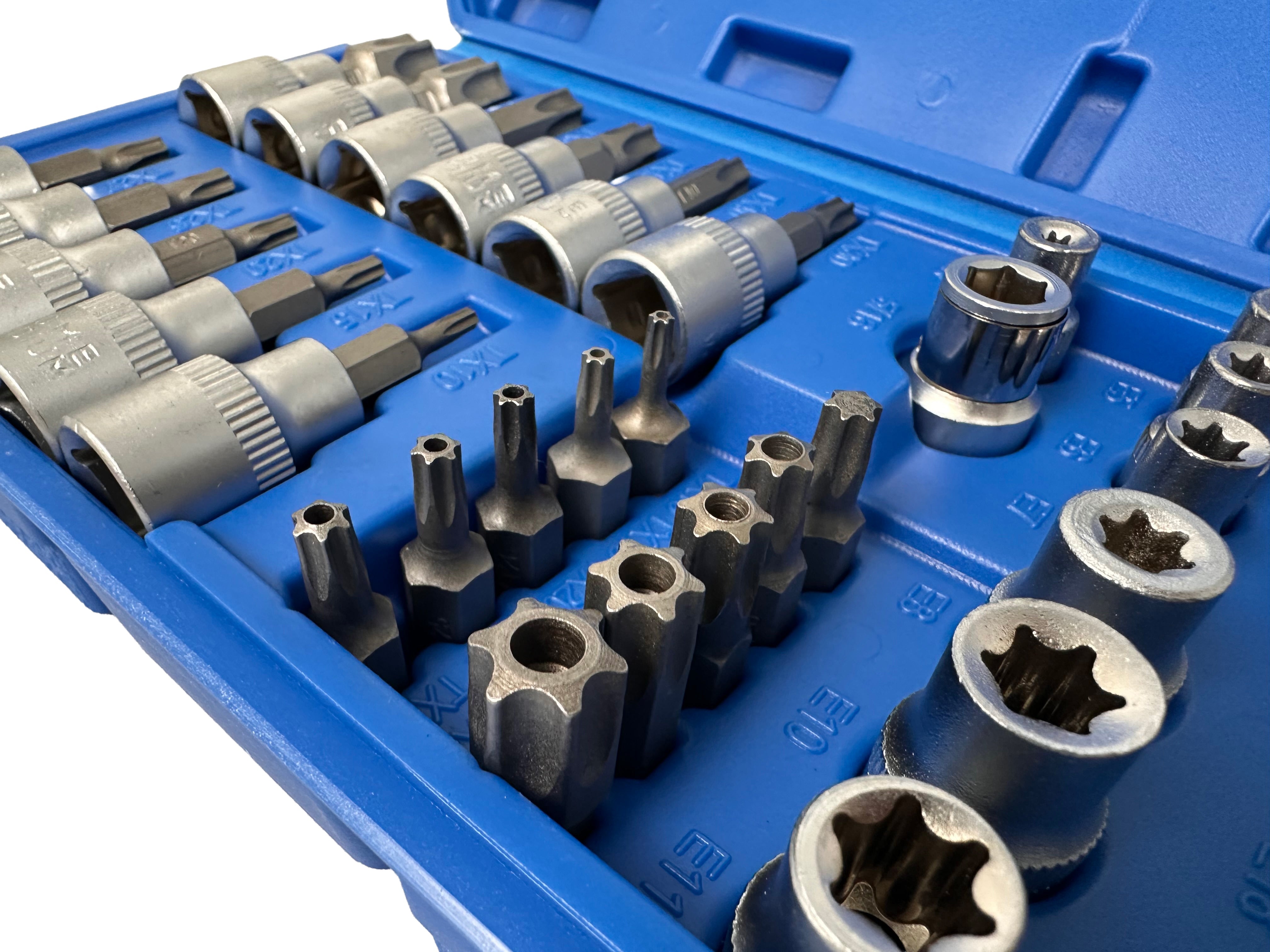 Set di chiavi a bussola Torx E4-E20, T10-T60 femmina e maschio inserti per chiave a bussole con punta, kit set inserti chiavi bussole torx attacco 3/8'' 34 pz, Gebo Tools