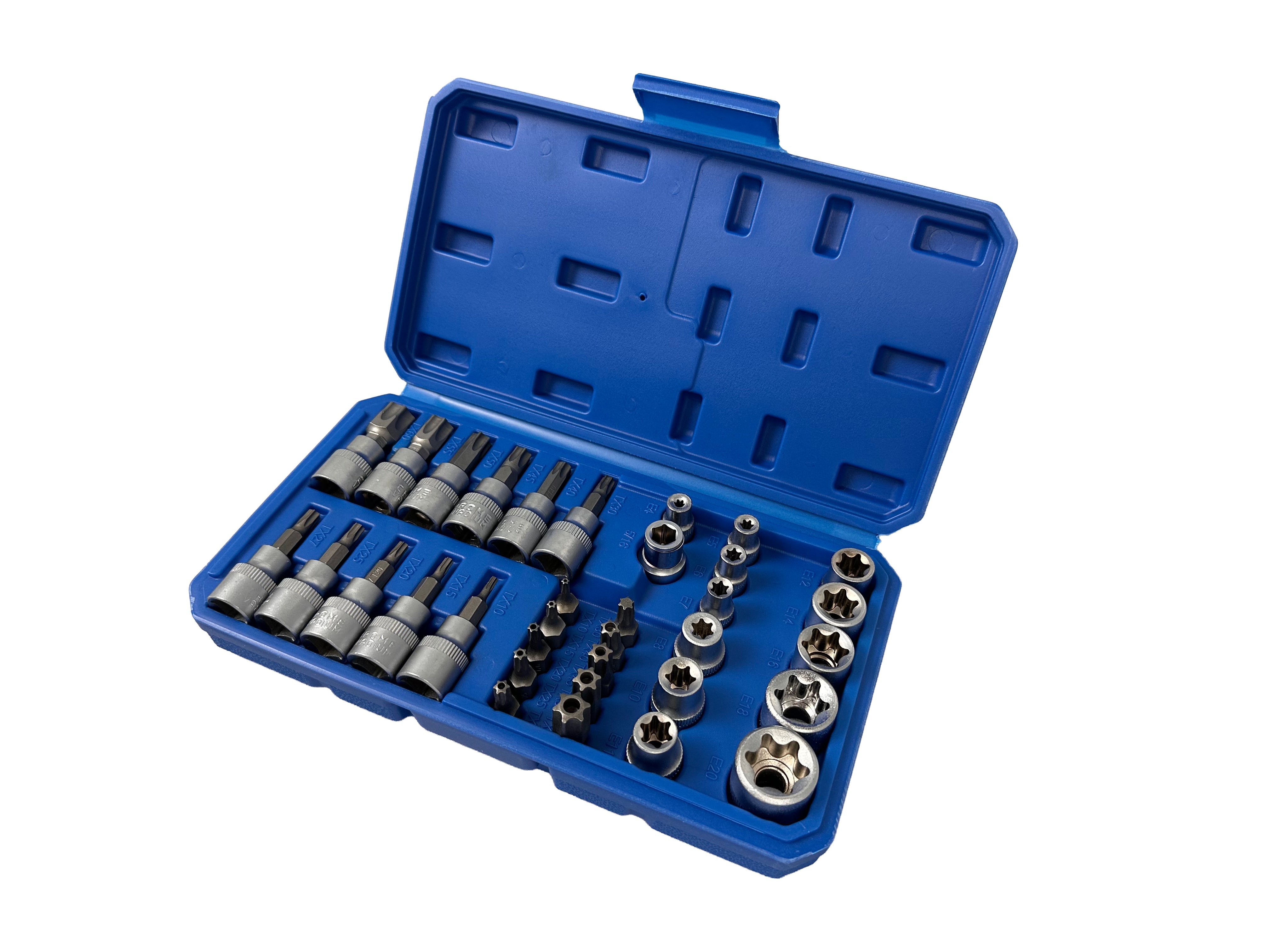 Set di chiavi a bussola Torx E4-E20, T10-T60 femmina e maschio inserti per chiave a bussole con punta, kit set inserti chiavi bussole torx attacco 3/8'' 34 pz, Gebo Tools