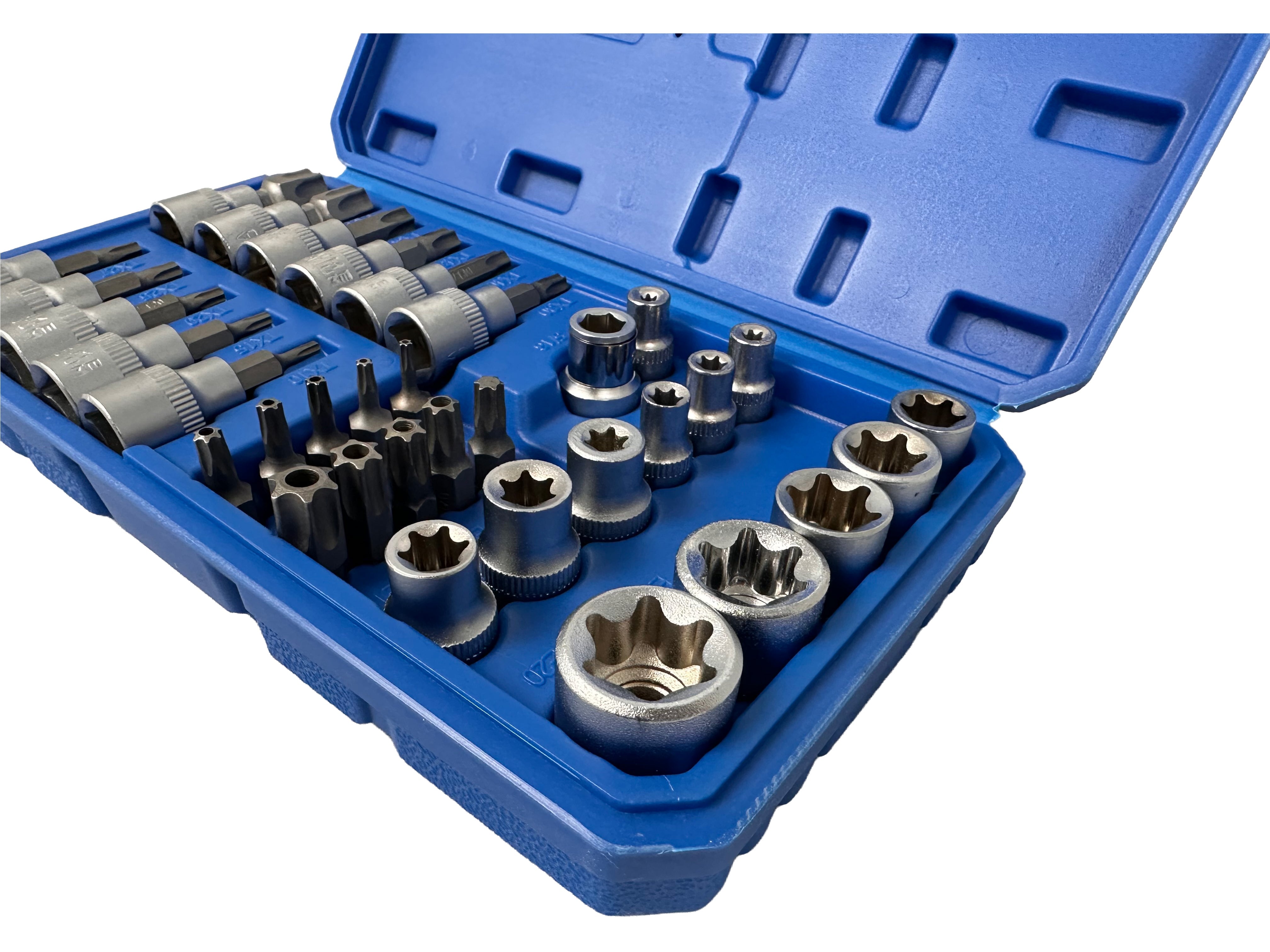 Set di chiavi a bussola Torx E4-E20, T10-T60 femmina e maschio inserti per chiave a bussole con punta, kit set inserti chiavi bussole torx attacco 3/8'' 34 pz, Gebo Tools