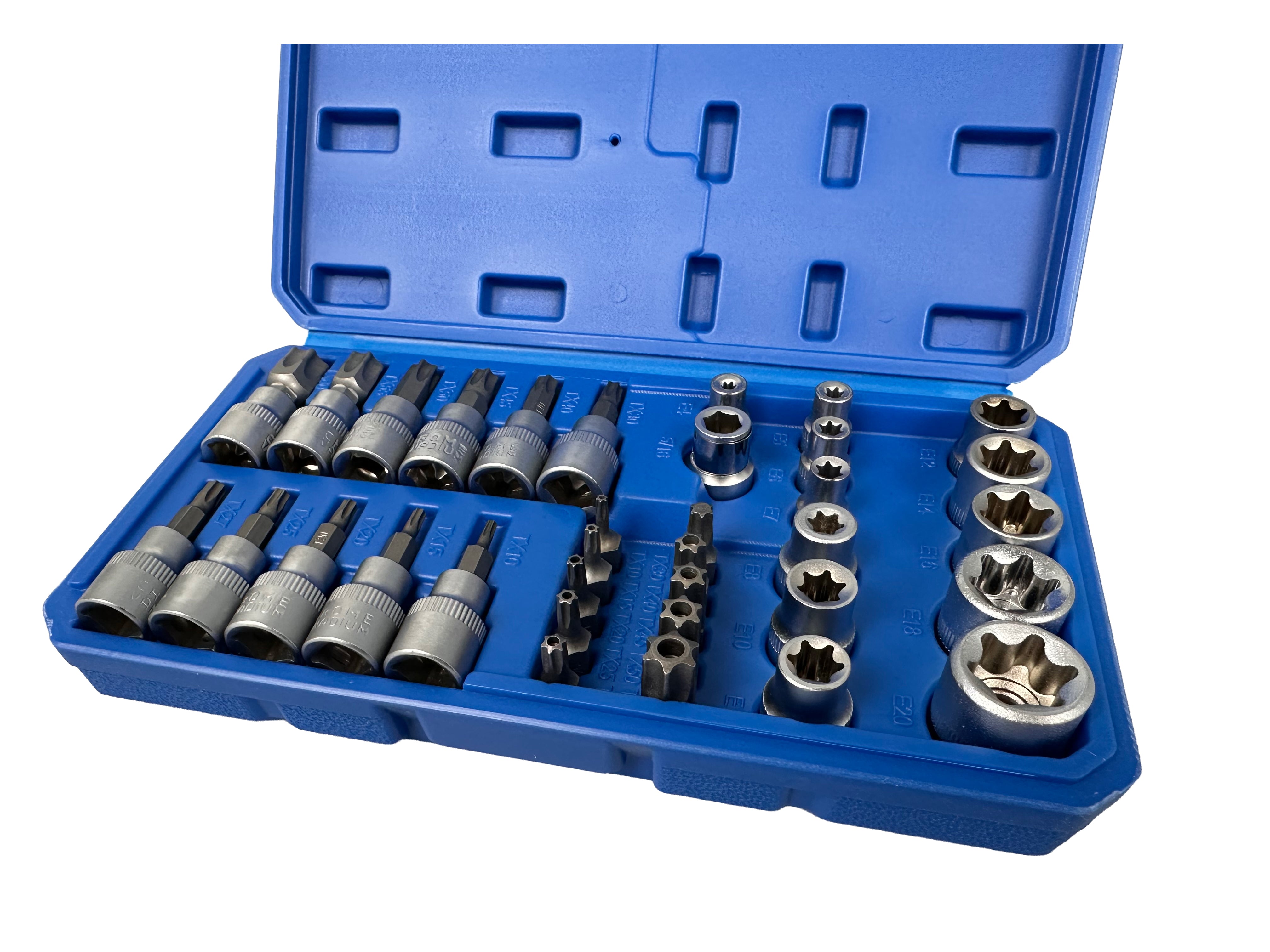 Set di chiavi a bussola Torx E4-E20, T10-T60 femmina e maschio inserti per chiave a bussole con punta, kit set inserti chiavi bussole torx attacco 3/8'' 34 pz, Gebo Tools
