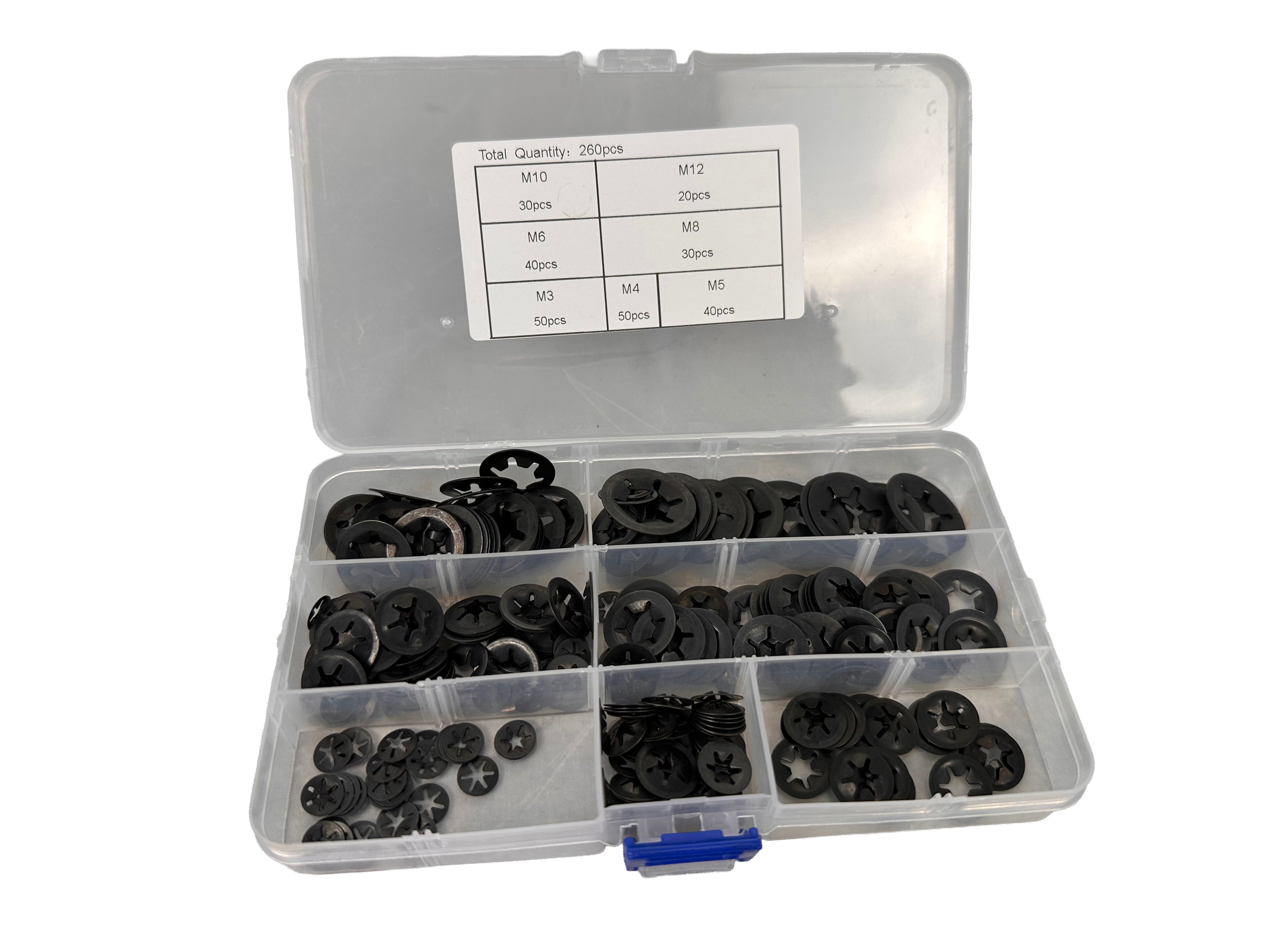 Set di rondelle di bloccaggio, rondelle di serraggio con denti interni, anelli di sicurezza con fermo rapido, M3-M12 260 pezzi Gebo Tools