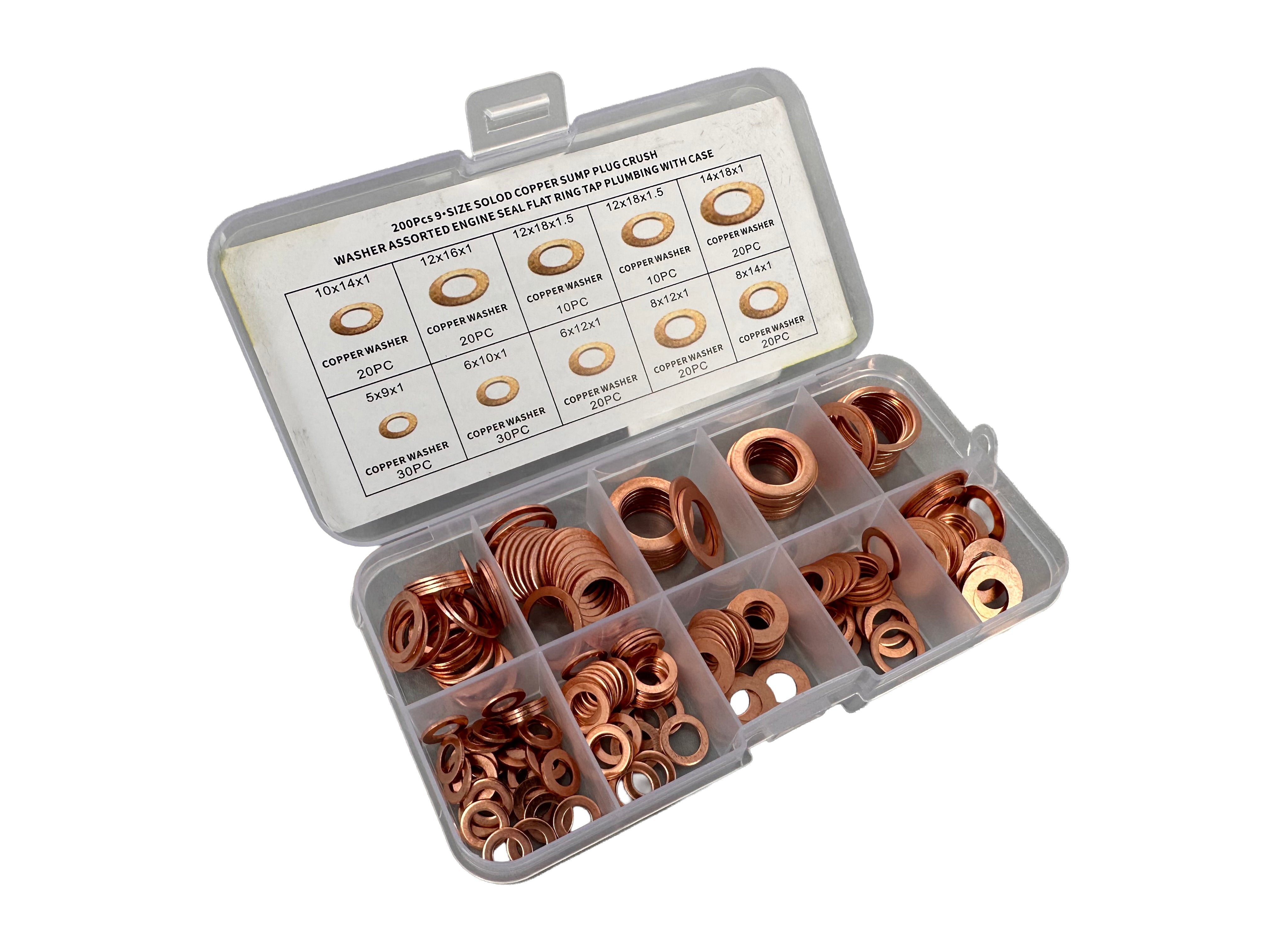 Kit di assortimento 200 pezzi rondelle in rame, kit di guarnizione rame, per il fissaggio degli accessori, Gebo Tools