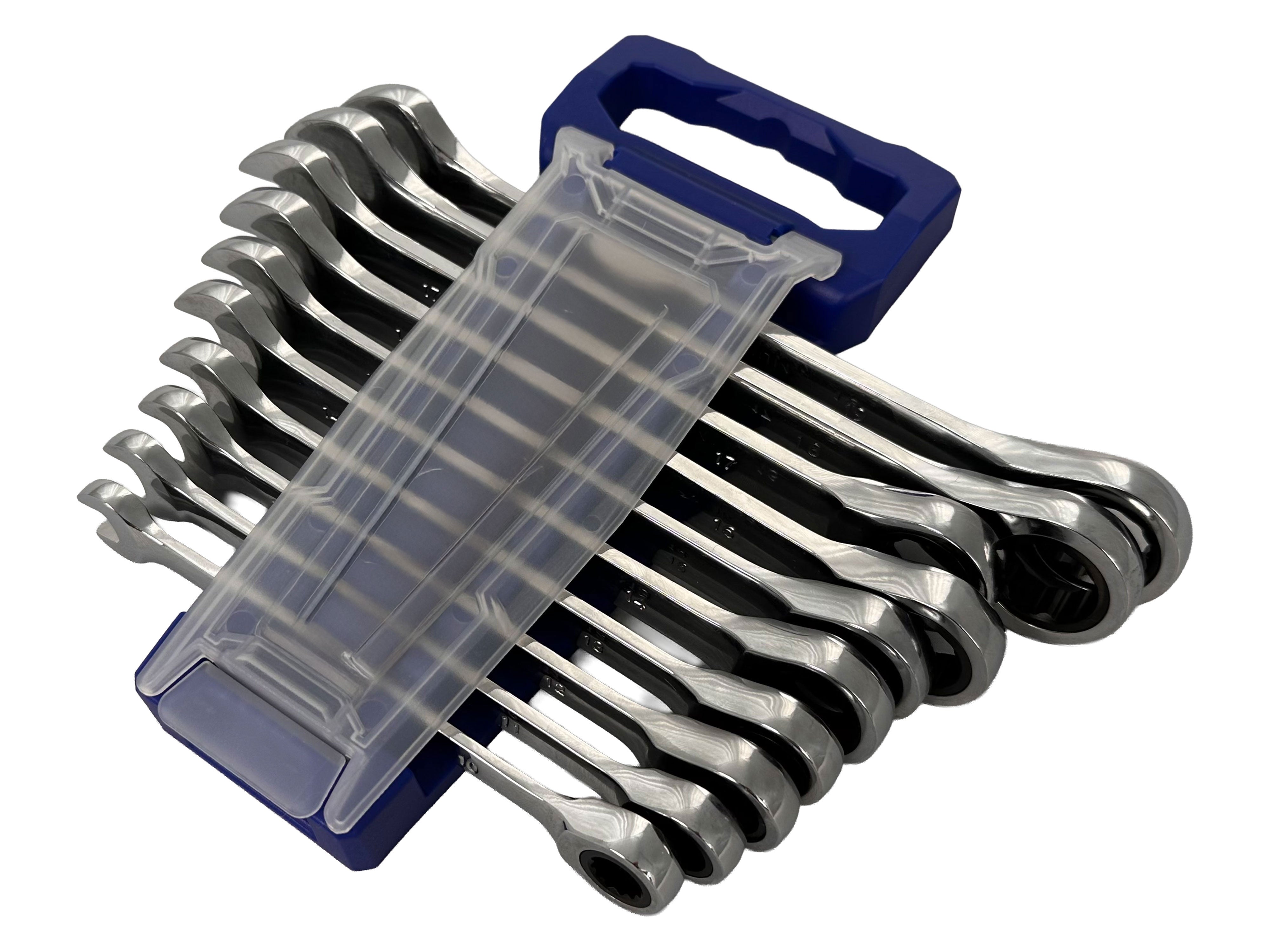 Serie di chiavi combinate a cricchetto extra corte, 10 - 19 mm, in acciaio Cr-V, 10 pezzi Gebo Tools