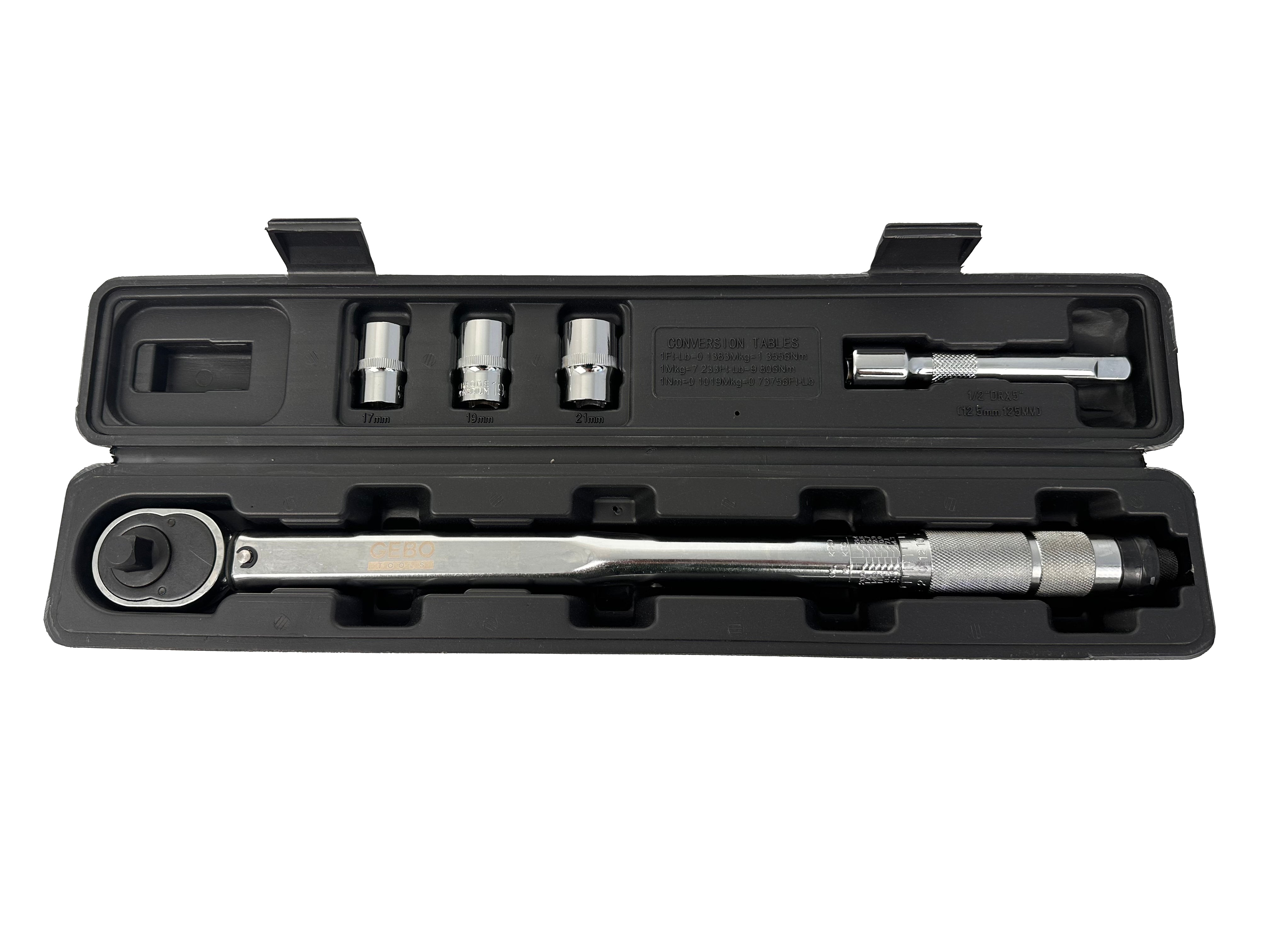 Set chiave dinamometrica 1/2", 5 pezzi, 28-210 Nm, bussole a impatto 1/2" 17 19 21mm, prolunga 1/2" Gebo Tools