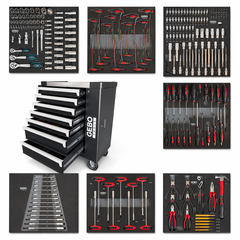 Armadio professionale attrezzato a 7 cassetti, 7 moduli, 262 pezzi, finitura carbon, carrello portautensili ,cassetta porta attrezzi mobile Gebo Tools